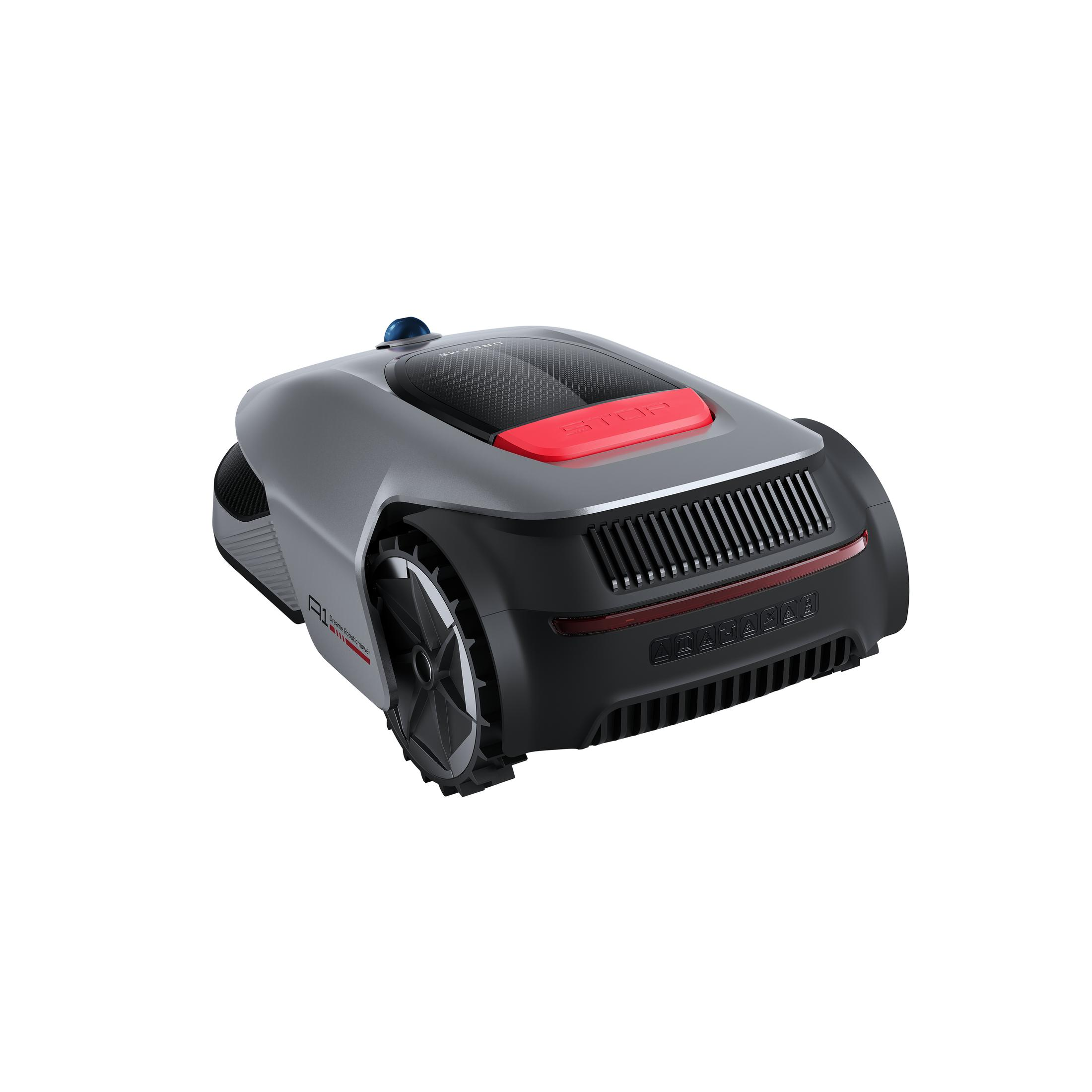 Kosiarka robot, szara i czarna, z czerwoną górą, na białej powierzchni.