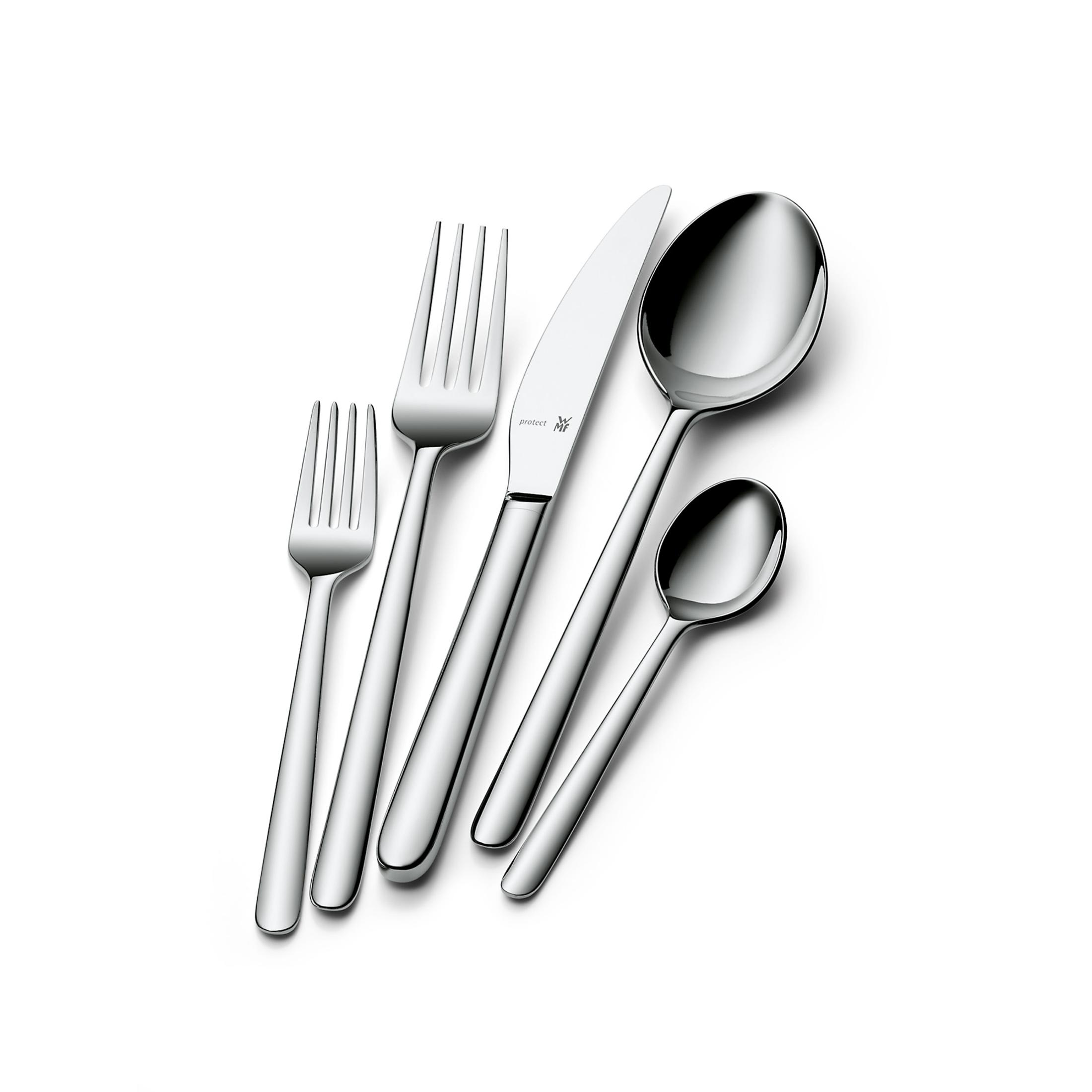Ein Set aus silbernem Besteck: zwei Gabeln, ein Messer und zwei Löffel auf weißem Hintergrund.
