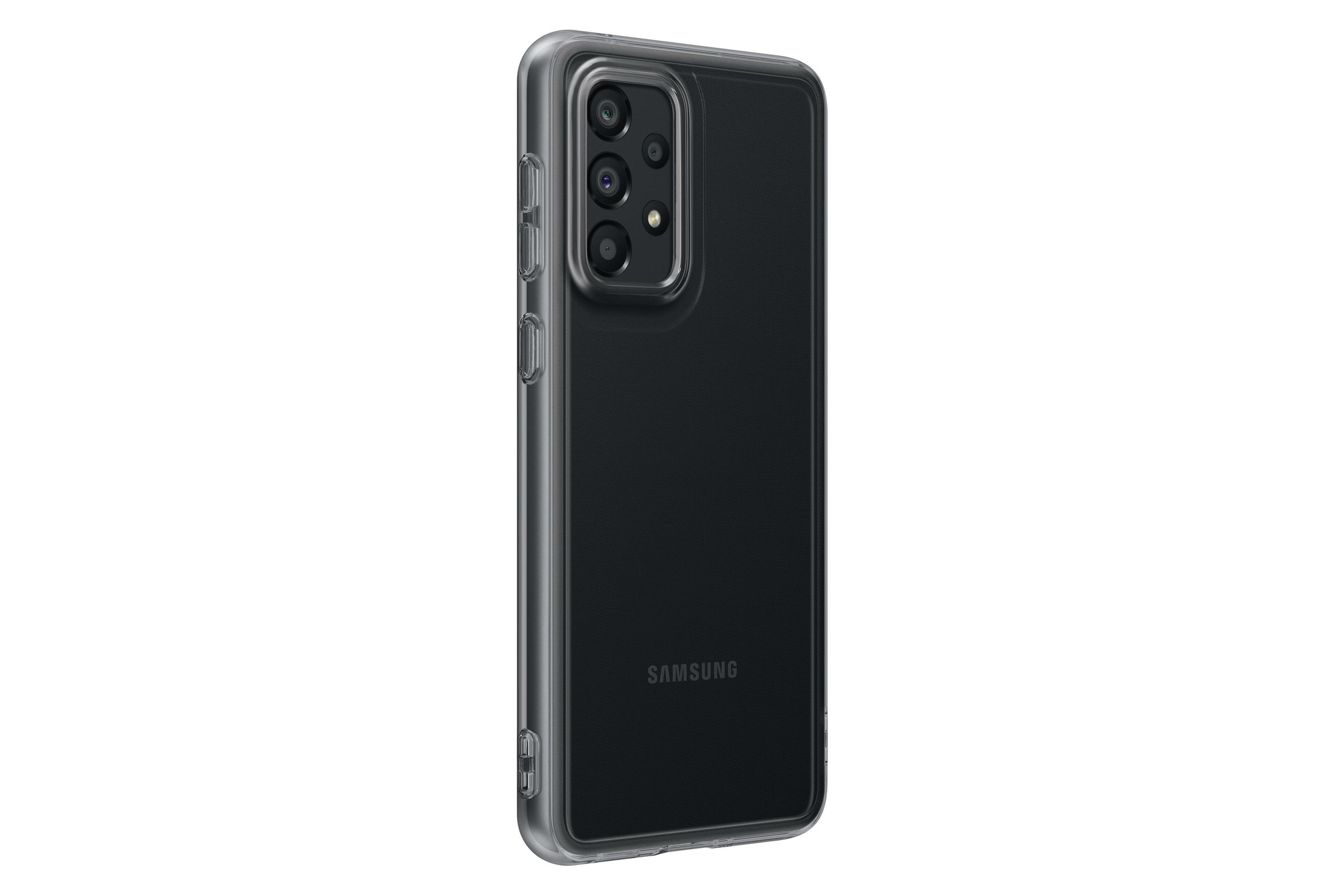 Schwarzes Smartphone in einer transparenten Hülle, Rückansicht, zeigt die Kameralinsen.
