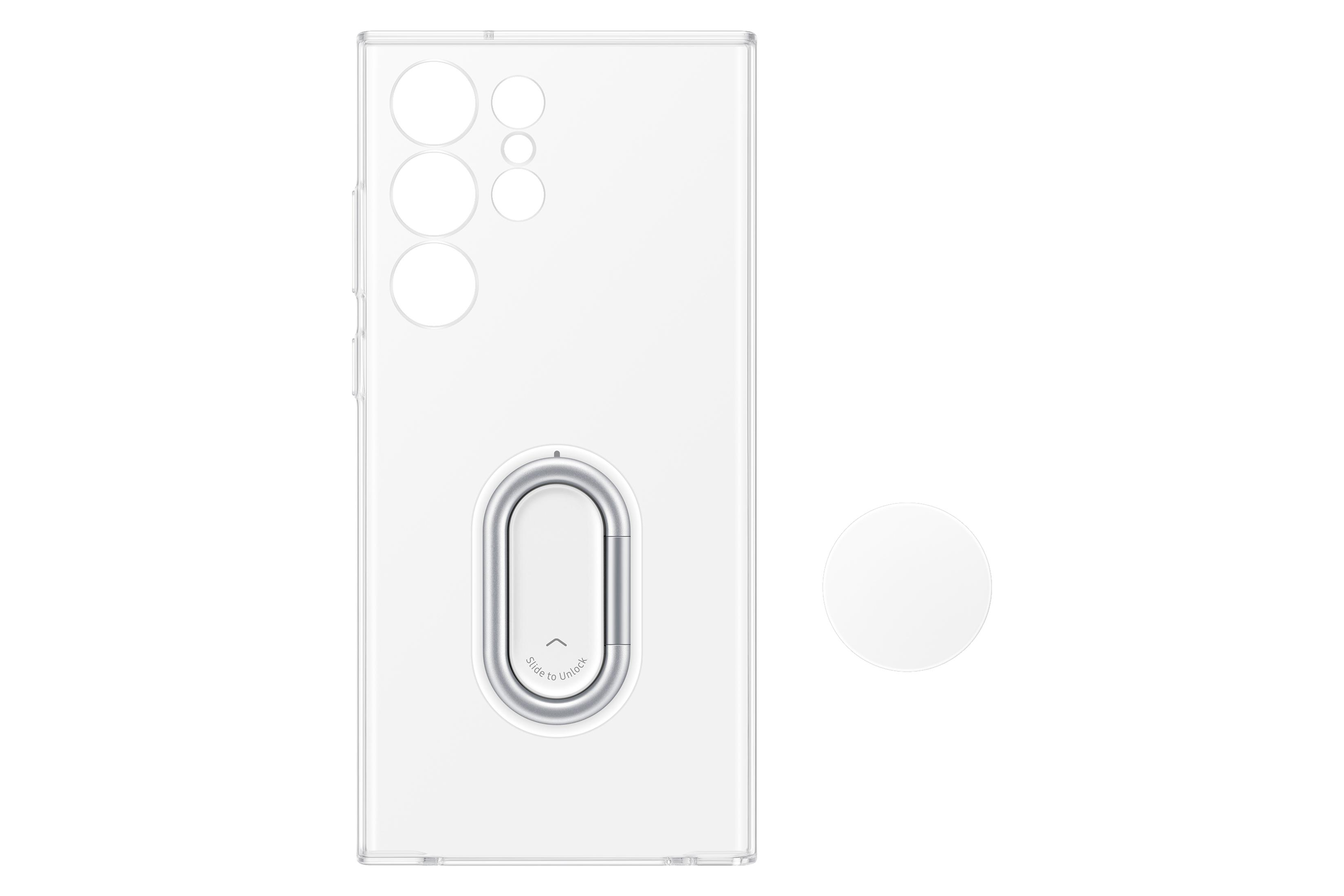 Funda transparente para teléfono con soporte de anillo plateado. Fondo blanco. La funda es transparente.