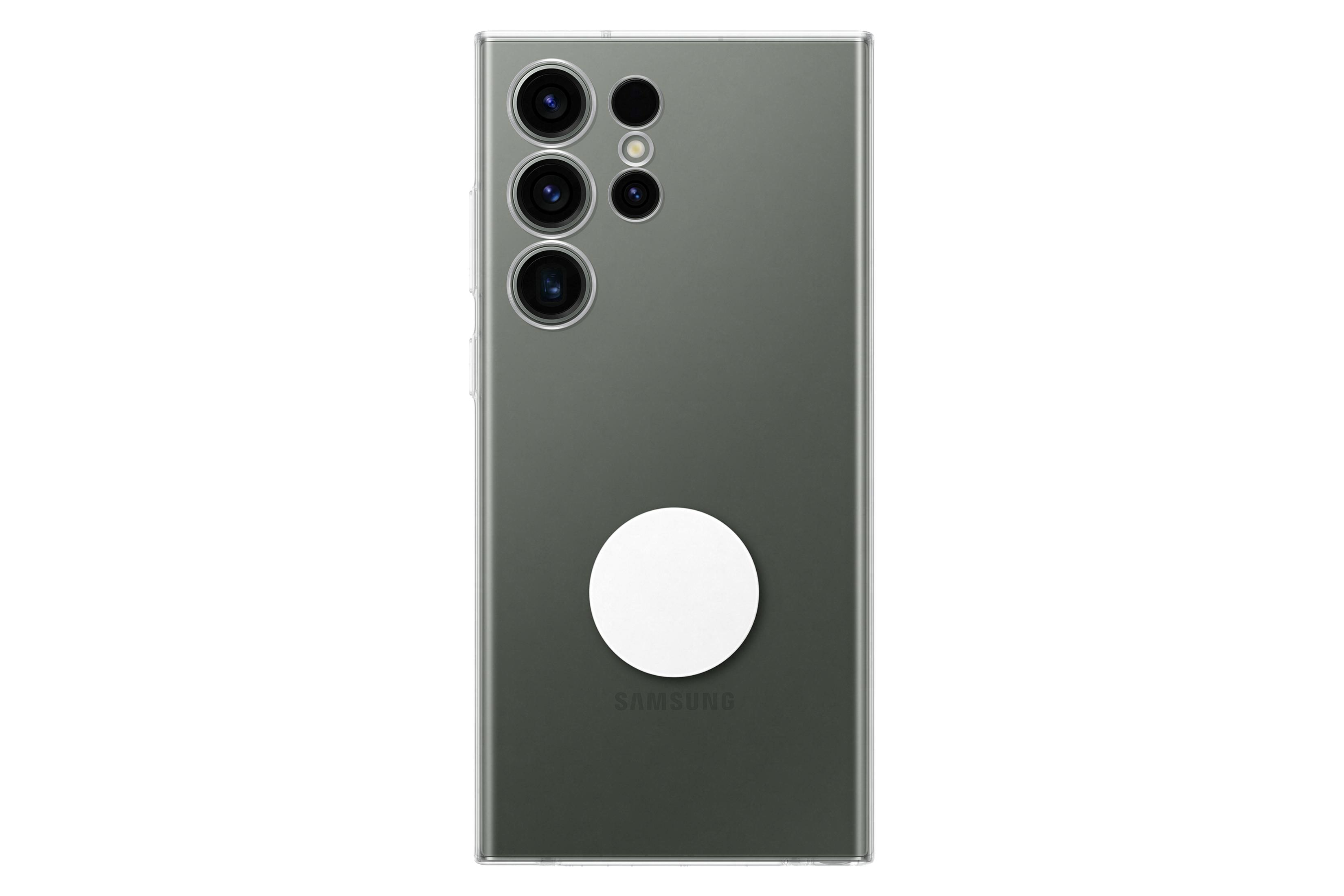 La parte trasera de un teléfono con una funda transparente. Son visibles las lentes de la cámara y un círculo blanco.