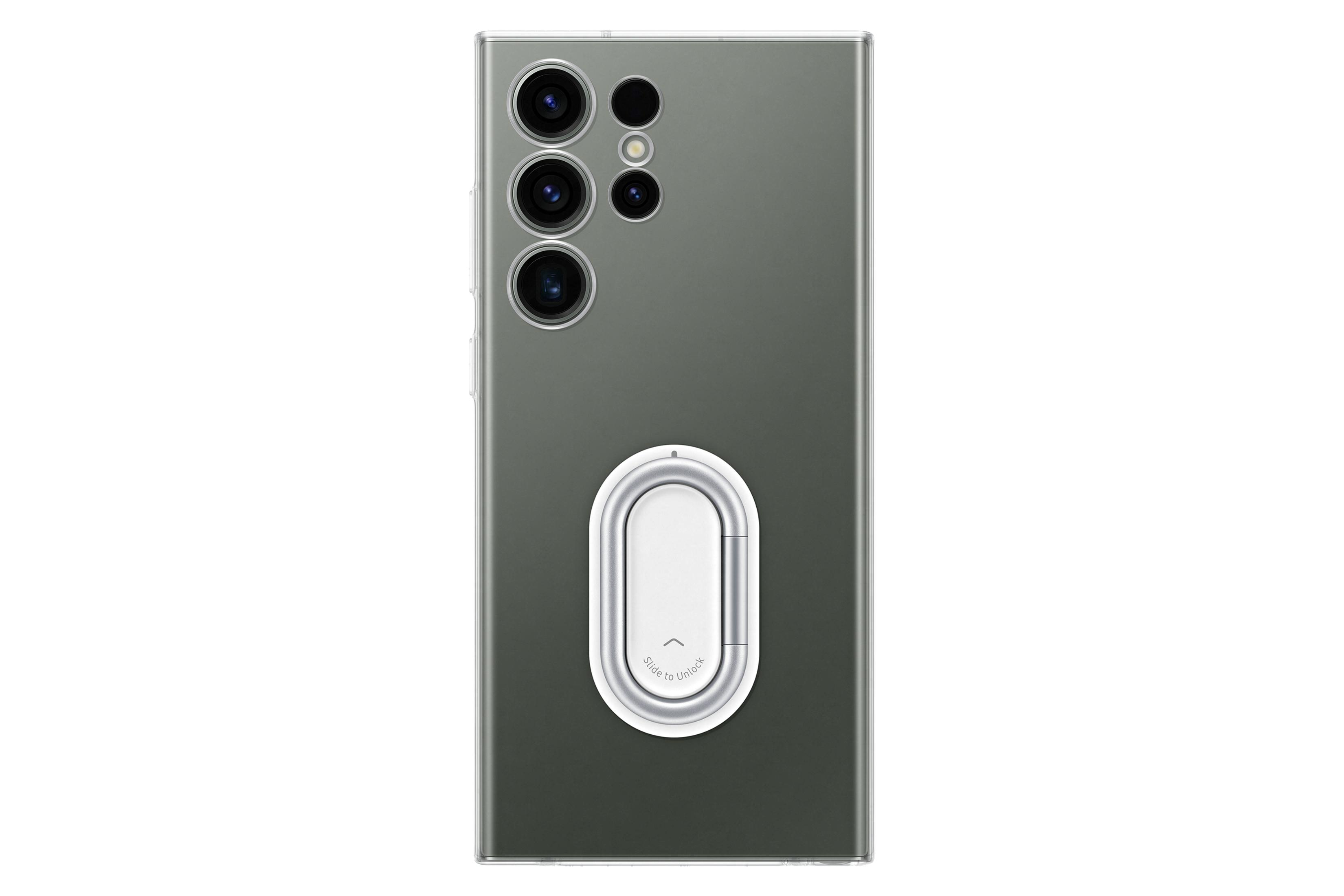 Un teléfono con un soporte de anillo blanco en la parte trasera. El teléfono tiene una parte trasera transparente.