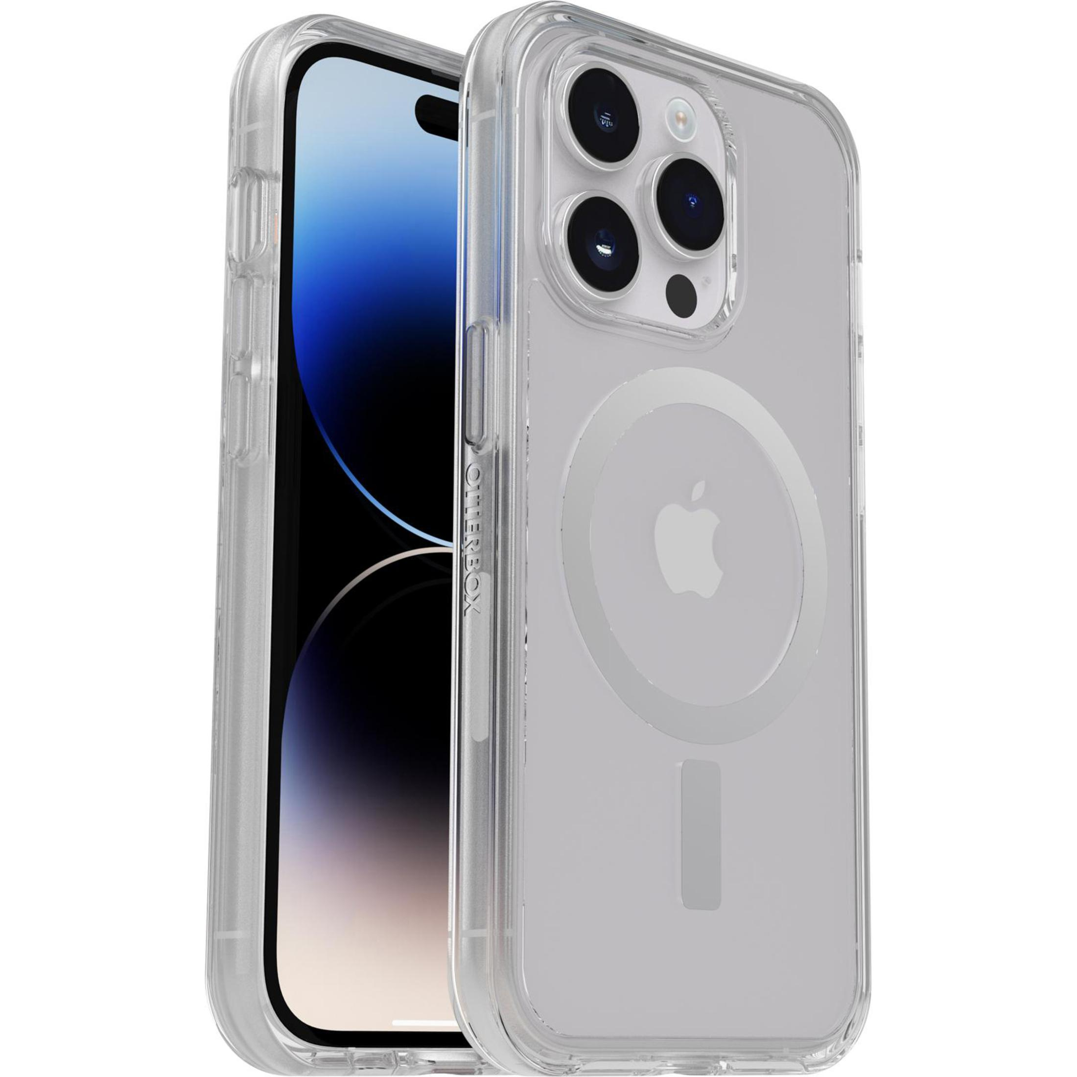 Une coque de téléphone transparente sur un téléphone. La coque est transparente avec un logo Apple au dos.