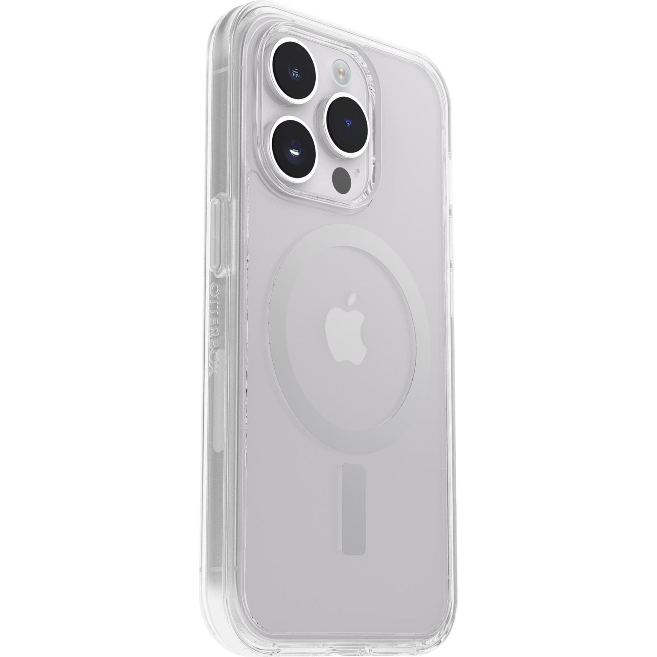 Coque de téléphone transparente sur un iPhone 13 Pro blanc. L'étui a un cercle MagSafe et des découpes pour l'appareil photo.