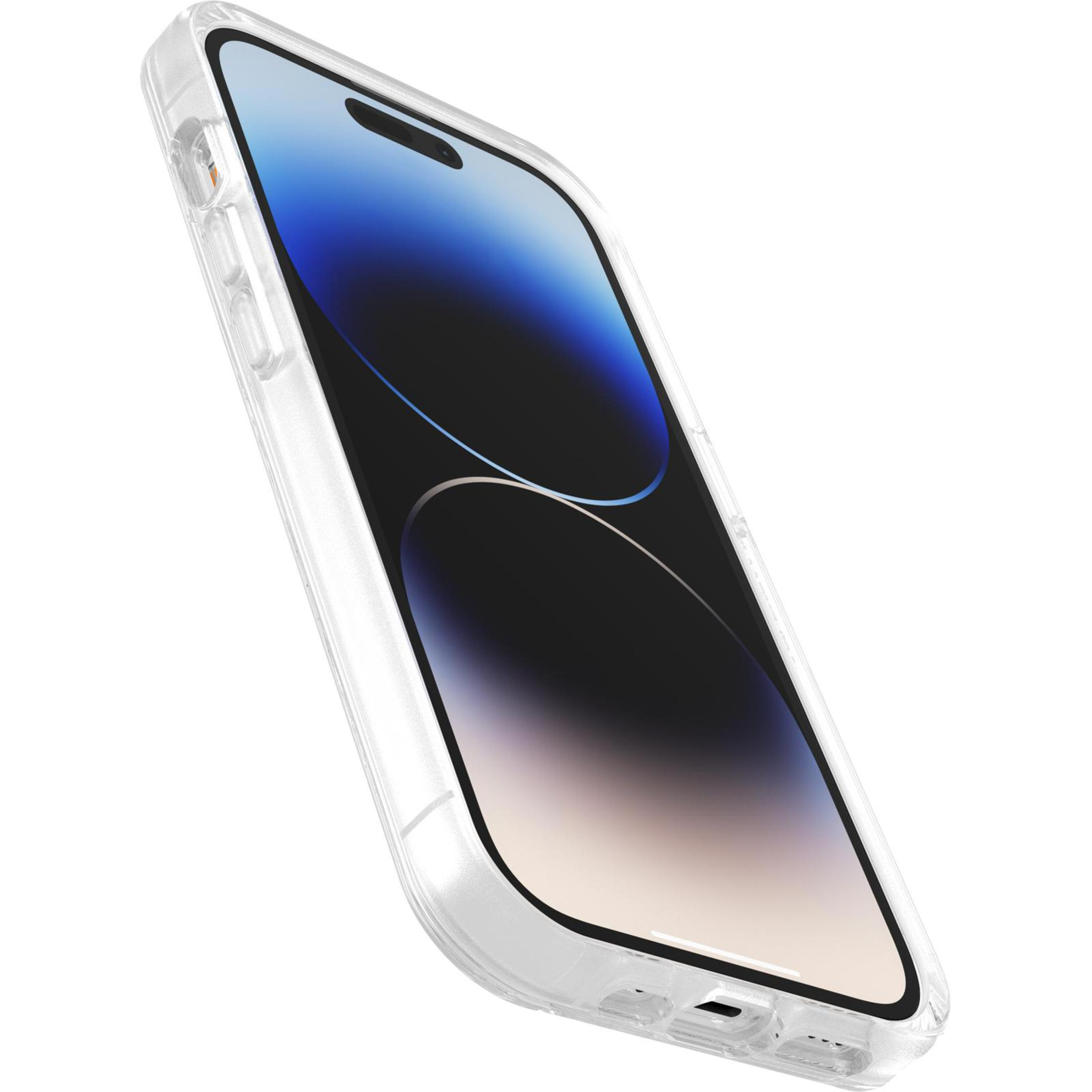 Coque de téléphone transparente avec téléphone. Vue en angle.