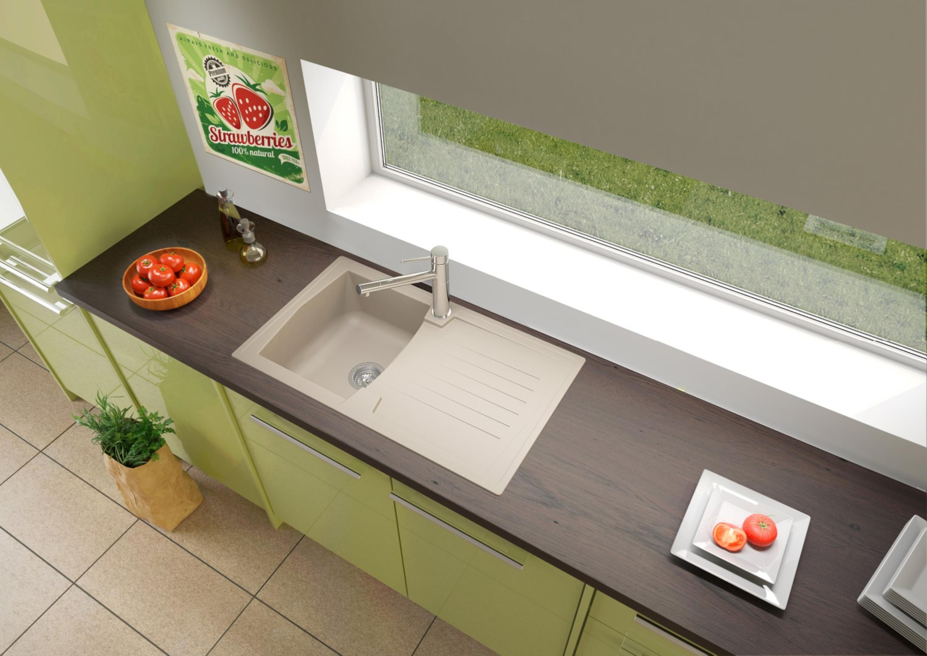 Küchenspüle mit Tomaten und Erdbeerposter. Fenster im Hintergrund.
