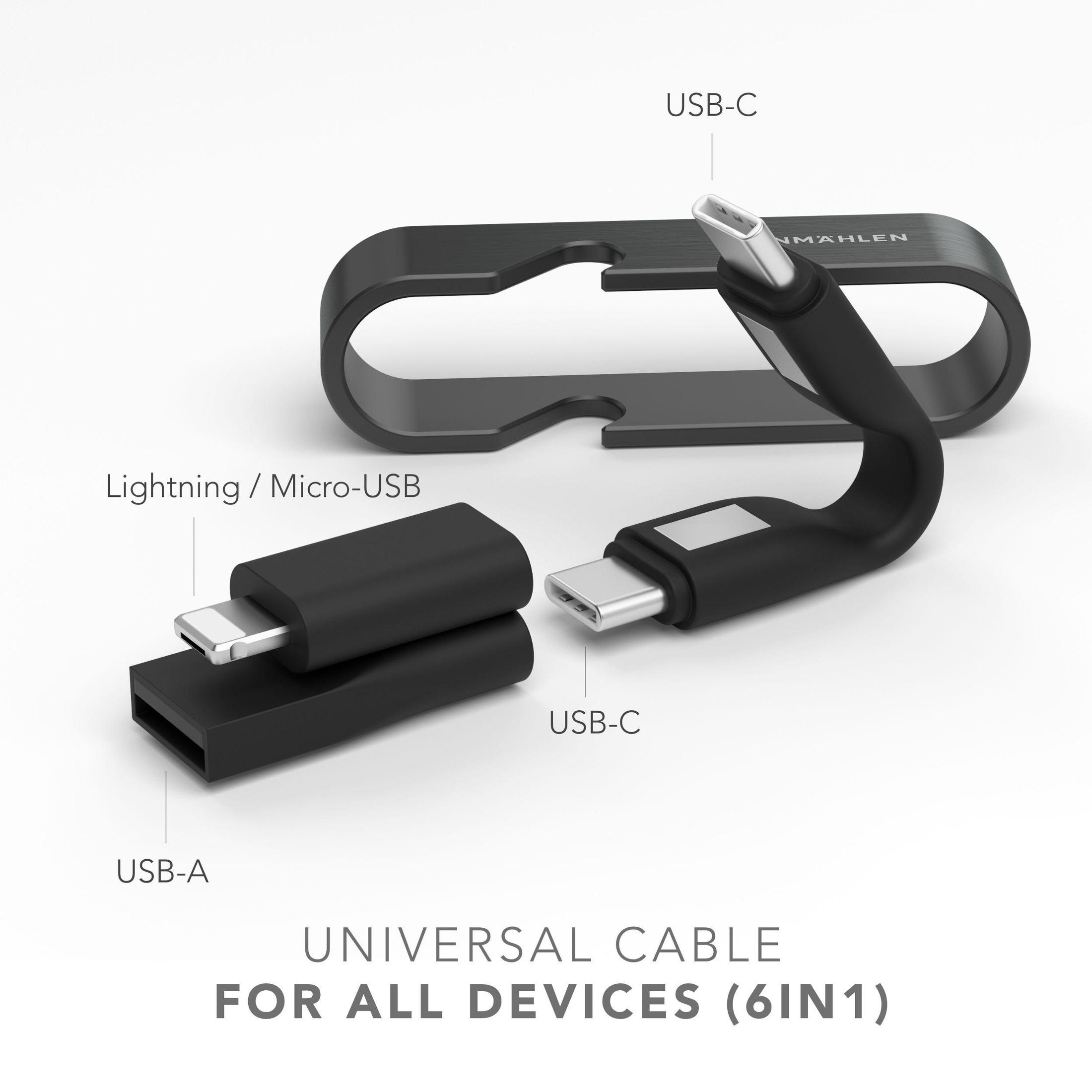 Un cavo nero universale con più connettori: USB-C, USB-A e Lightning.