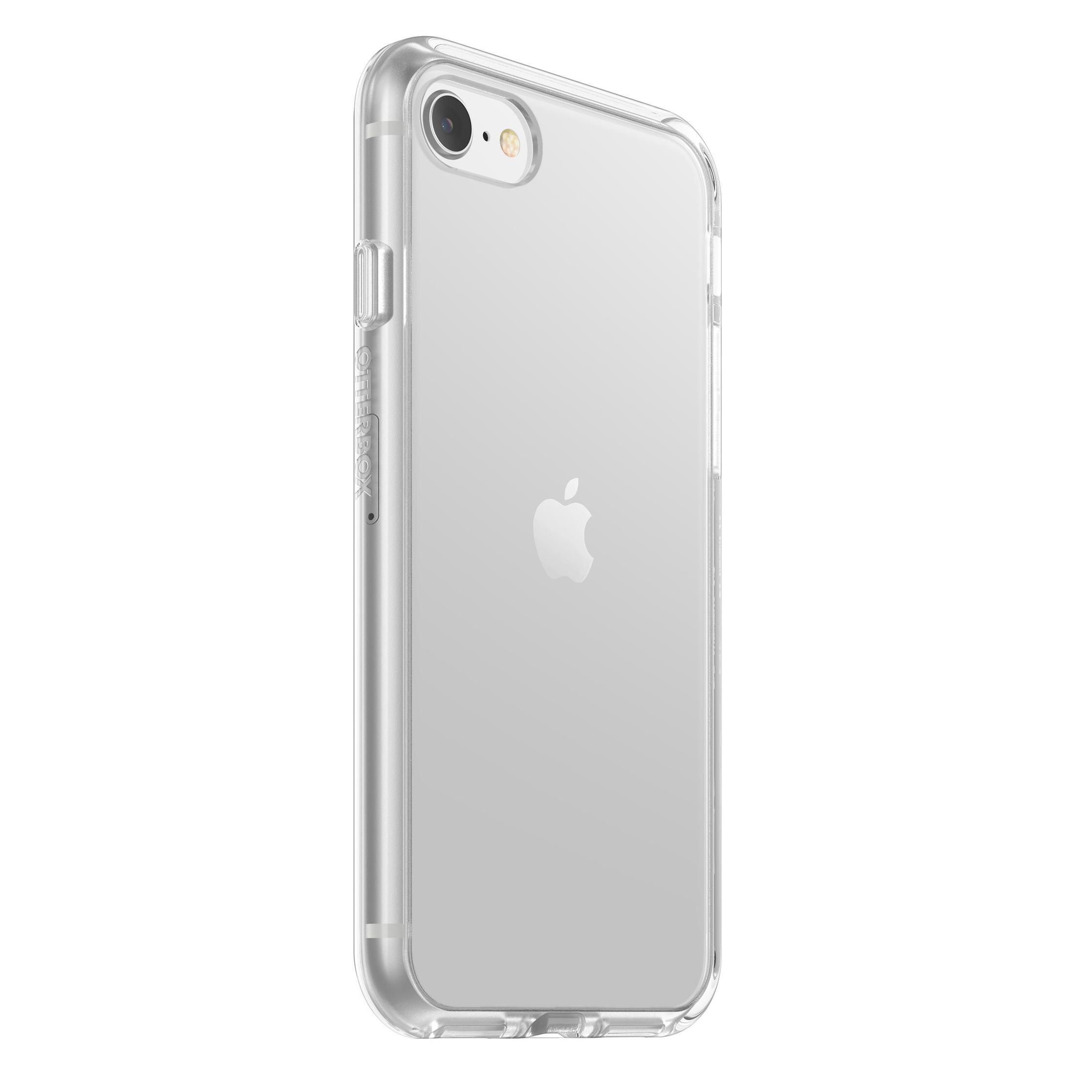 Een doorzichtig telefoonhoesje met een wit Apple-logo op de achterkant. Het hoesje zit om een telefoon.