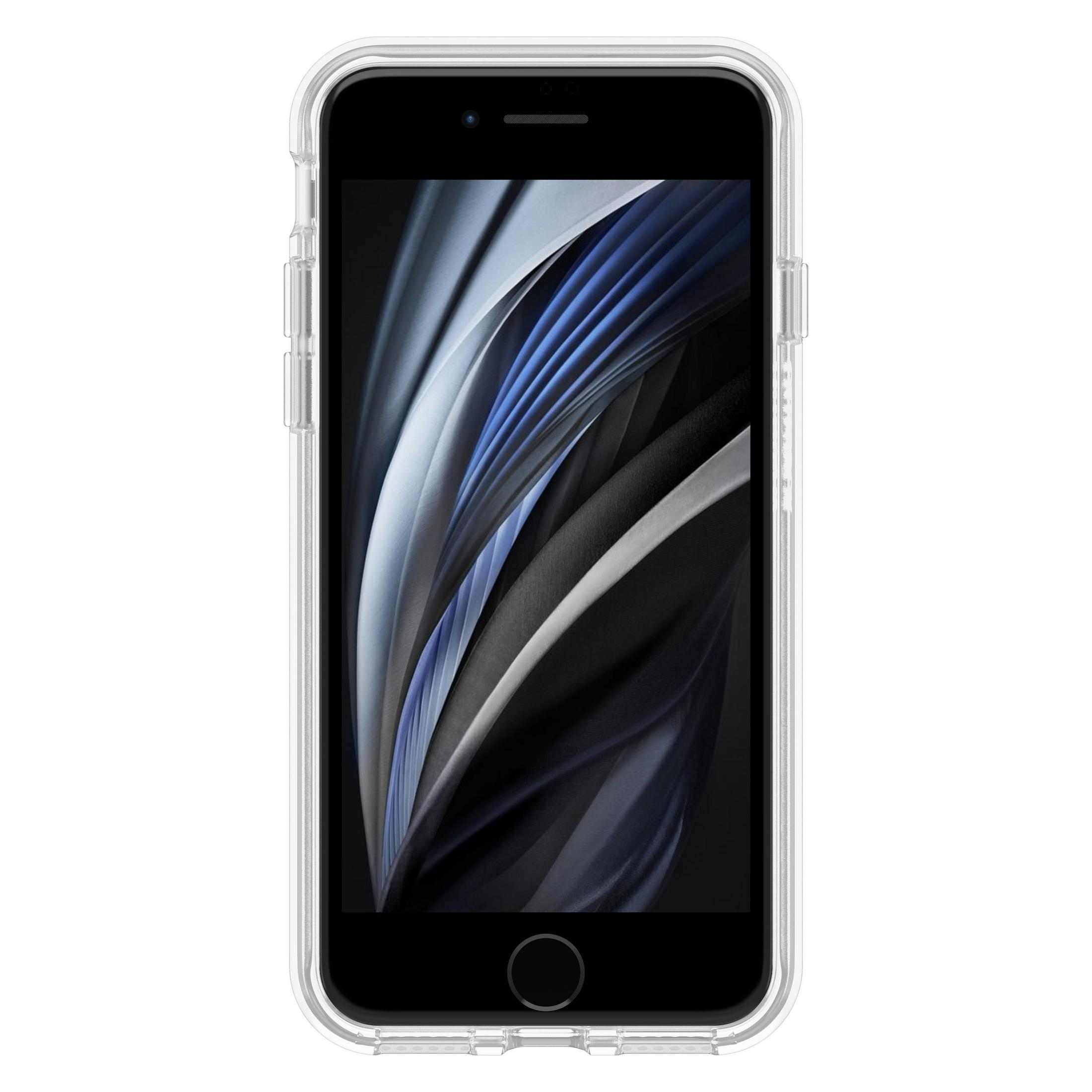 Smartphone in transparante hoes, zwart scherm, op wit, heldere hoesranden zichtbaar.