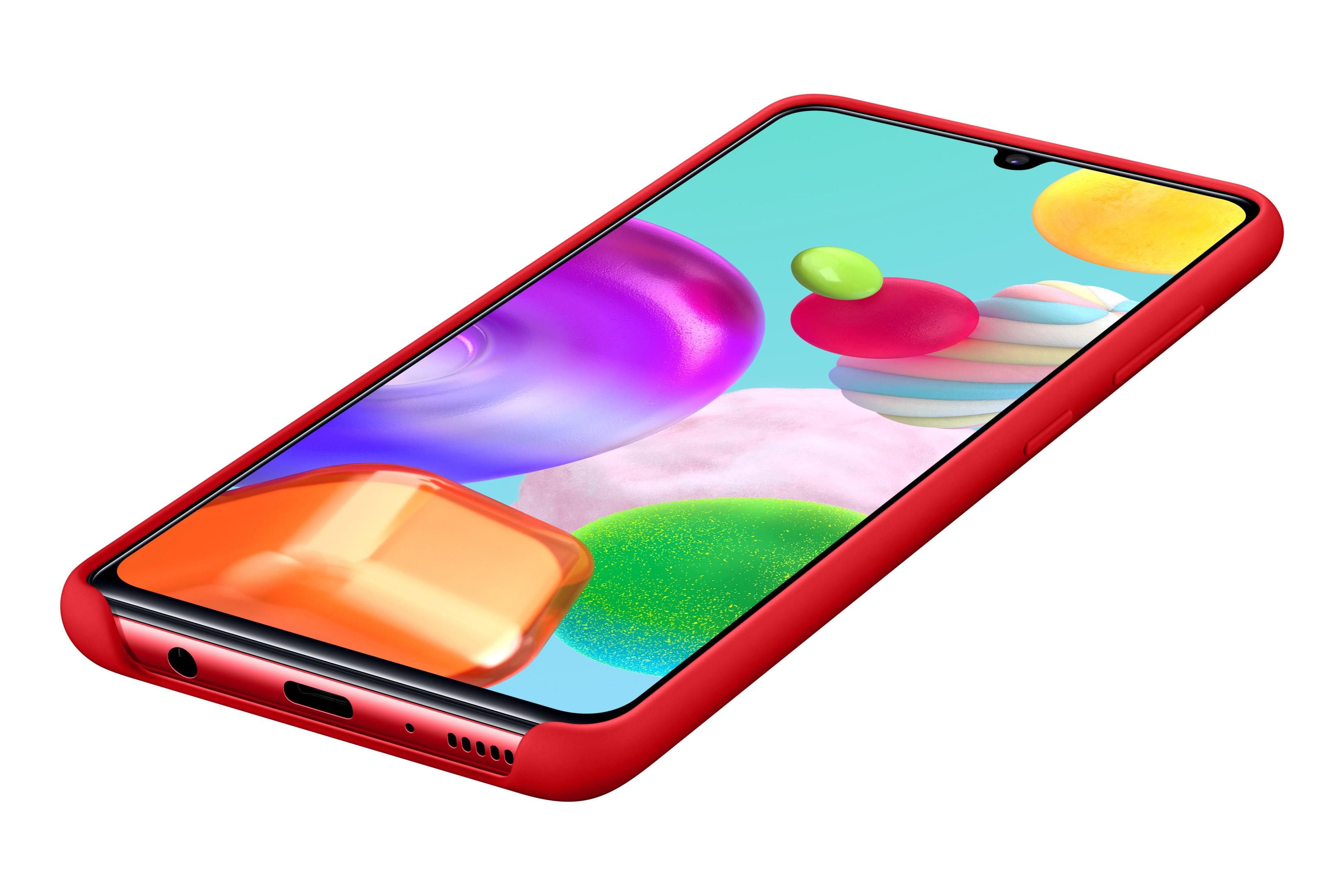 Uno smartphone con cornice rossa mostra uno sfondo colorato. Il telefono è inclinato, mostrando lo schermo.