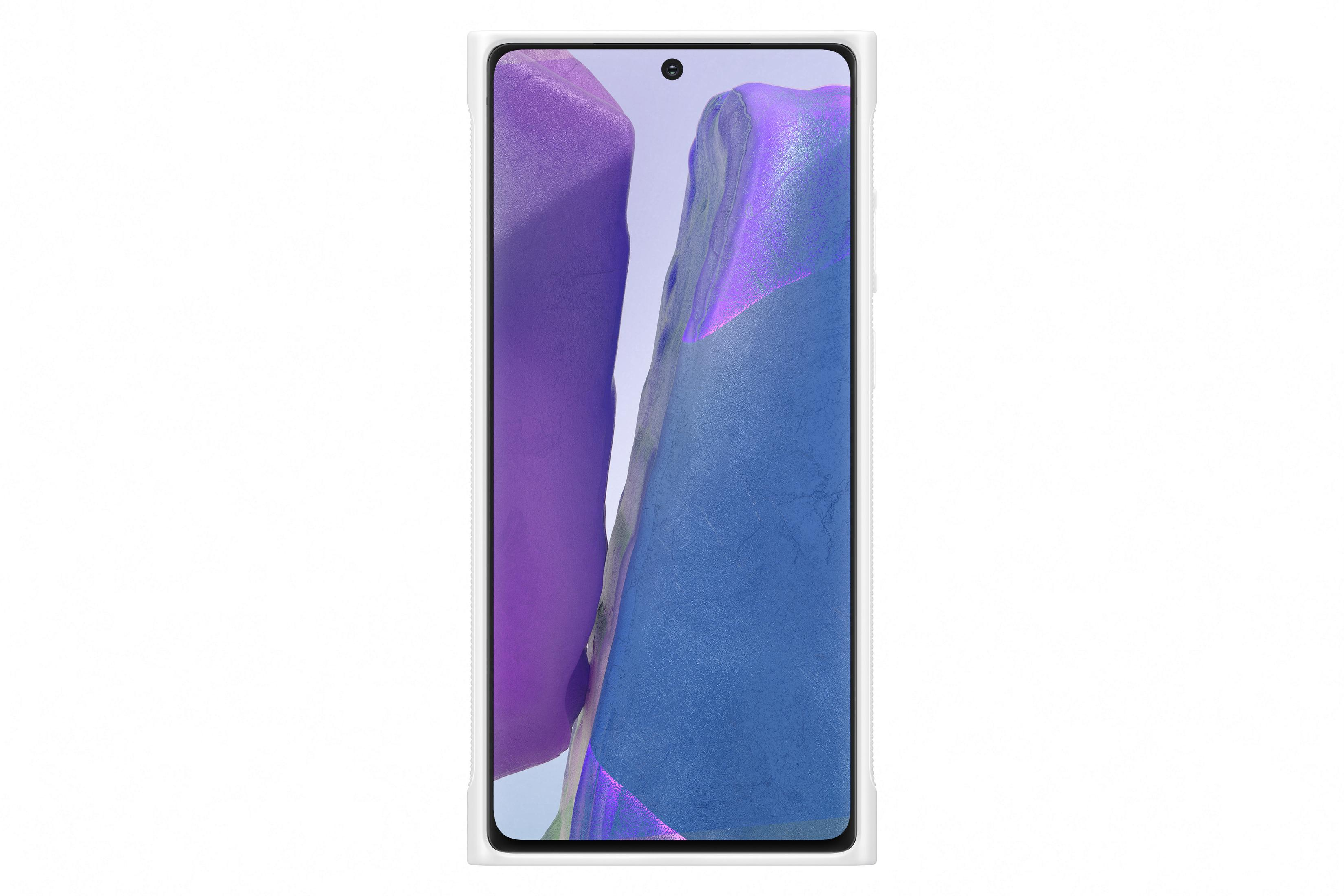 Weißes Telefon mit farbenfrohem Hintergrund, in weißer Hülle.