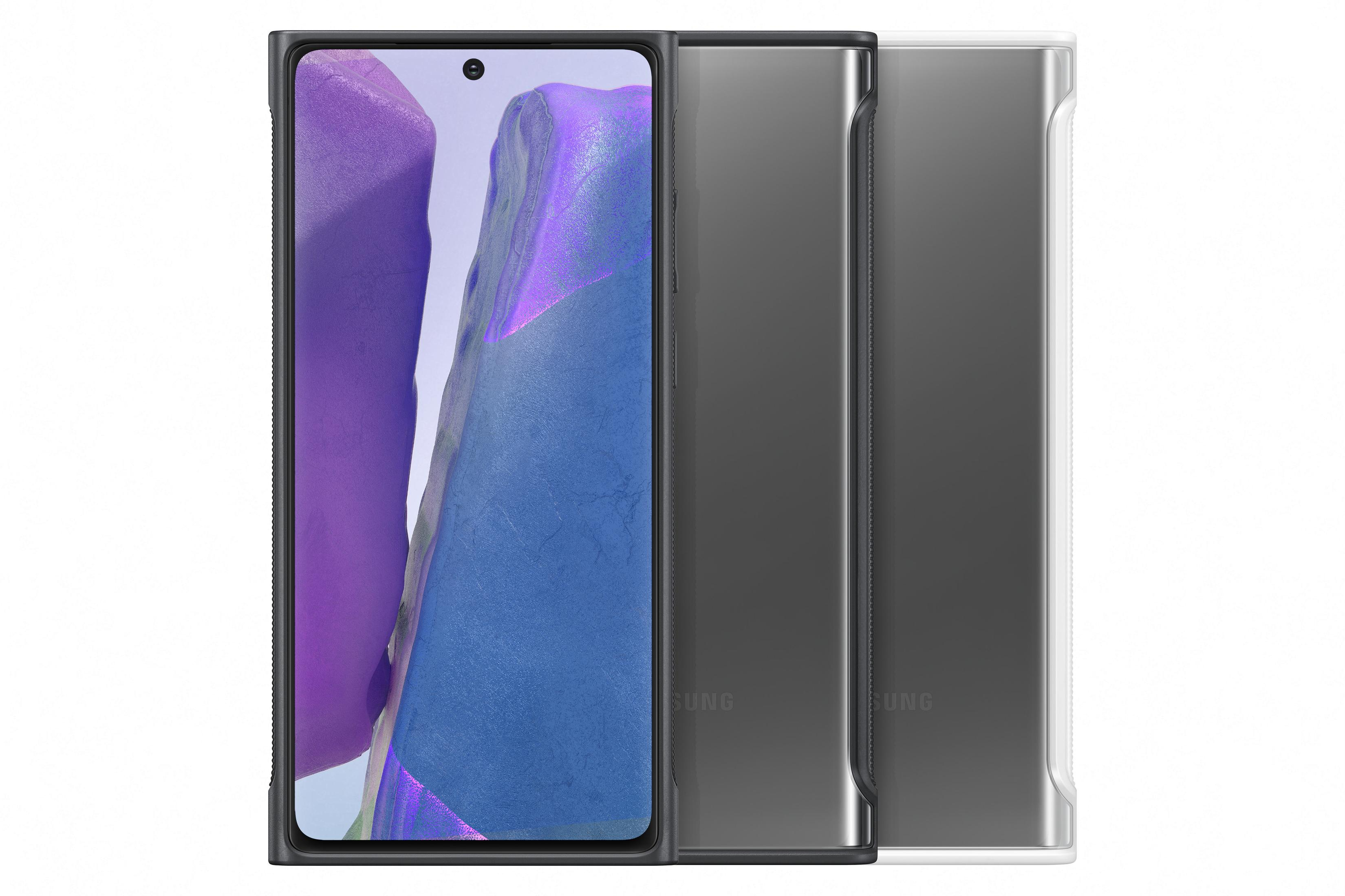 Ein schwarzes Telefon mit lila-blauem Bildschirm zwischen zwei grauen Hüllen. Das Samsung-Logo ist sichtbar.