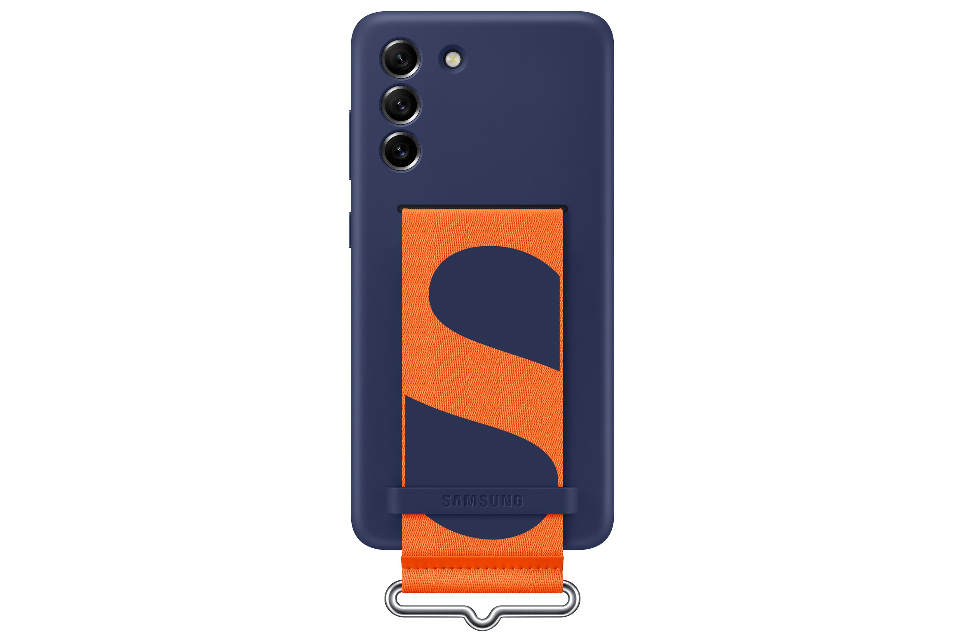 Blaues Telefon mit orangefarbenem Gurt, Samsung Logo.