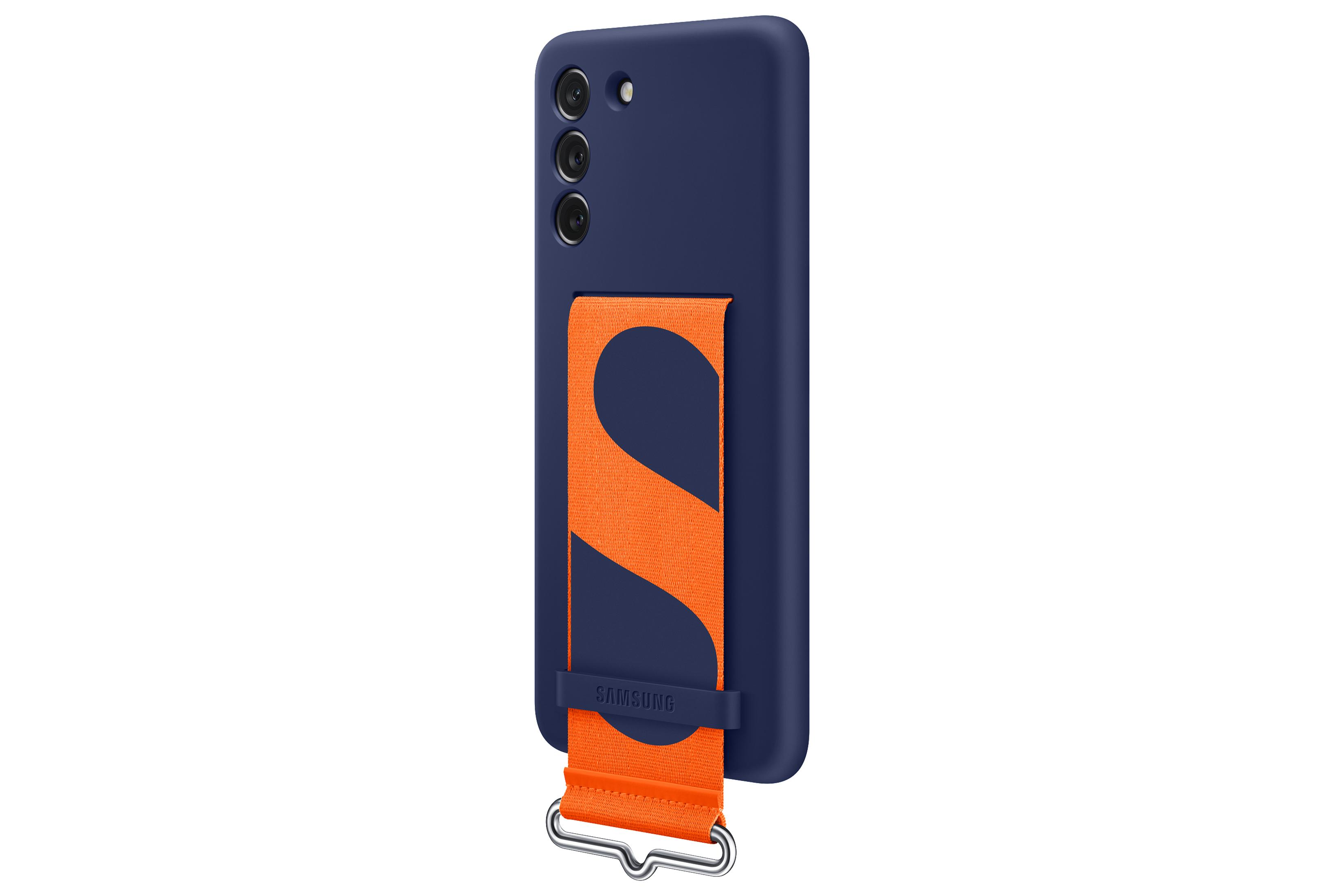 Blaue Handyhülle mit orangefarbenem Riemen. Der Riemen hat ein weißes 'S'. Samsung-Logo unten.