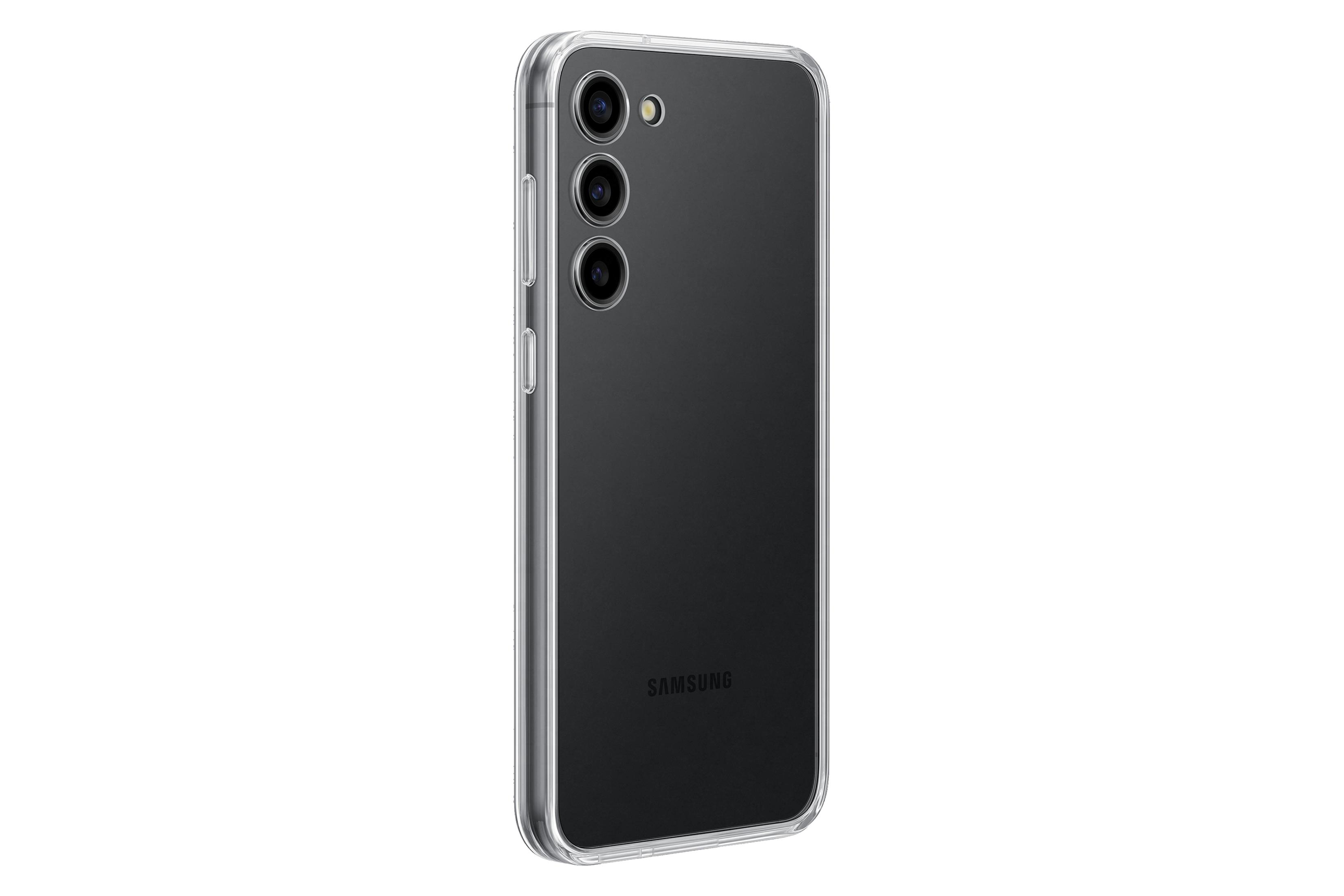 Een doorzichtige telefoonhoes op een zwarte Samsung telefoon. De telefoon heeft drie camera's.