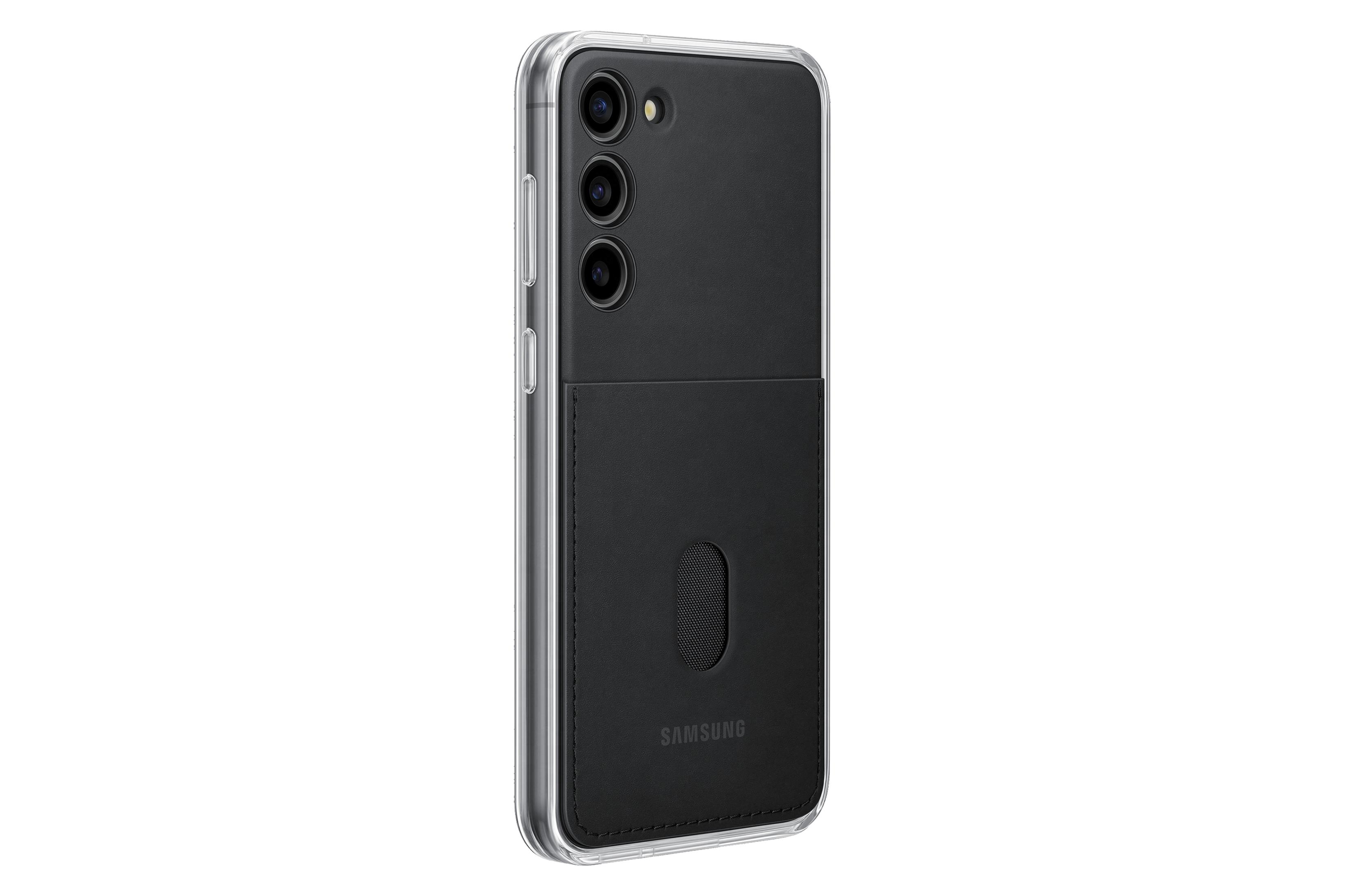 Zwarte telefoonhoes met kaarthouder en doorzichtige zijkanten. Samsung logo zichtbaar.