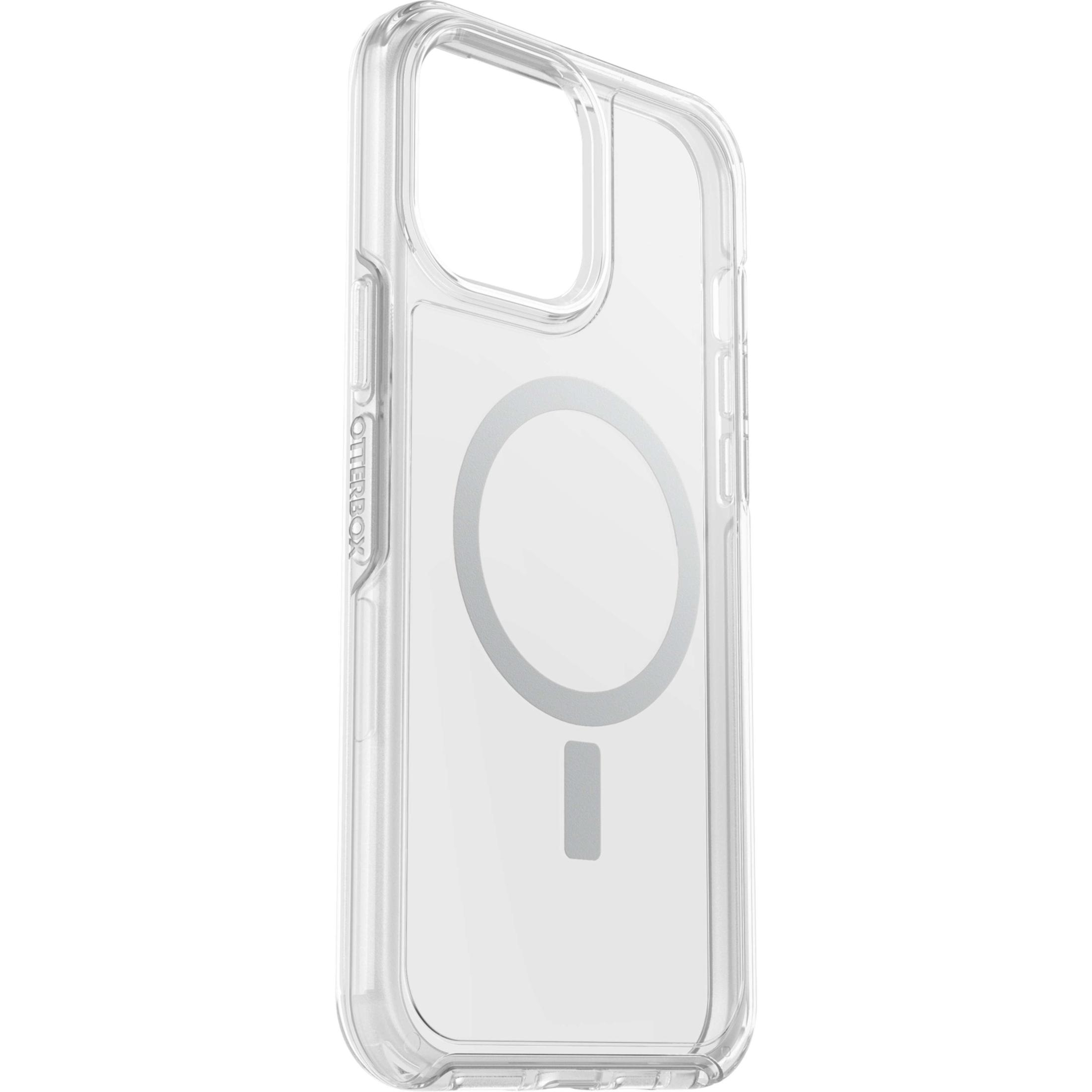 Coque transparente pour iPhone. Anneau MagSafe. Marque Otterbox visible.