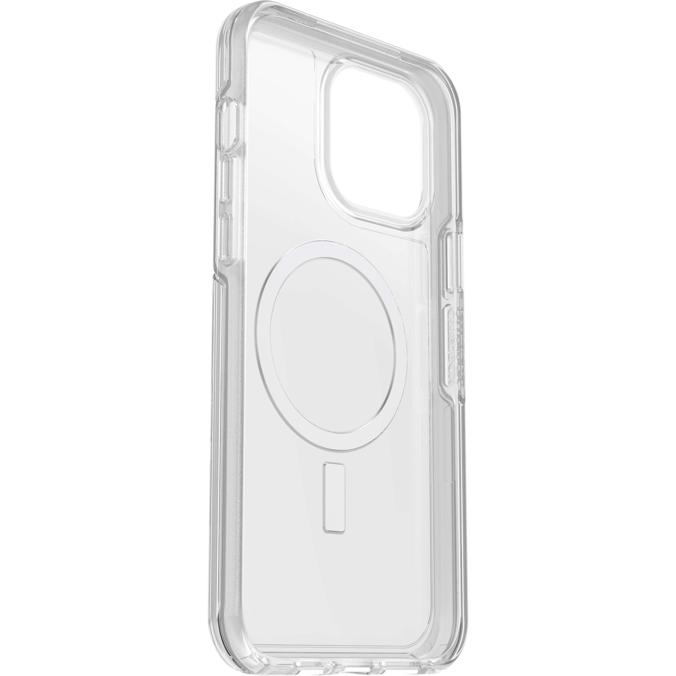 Coque de téléphone transparente avec cercle pour MagSafe et découpe caméra.