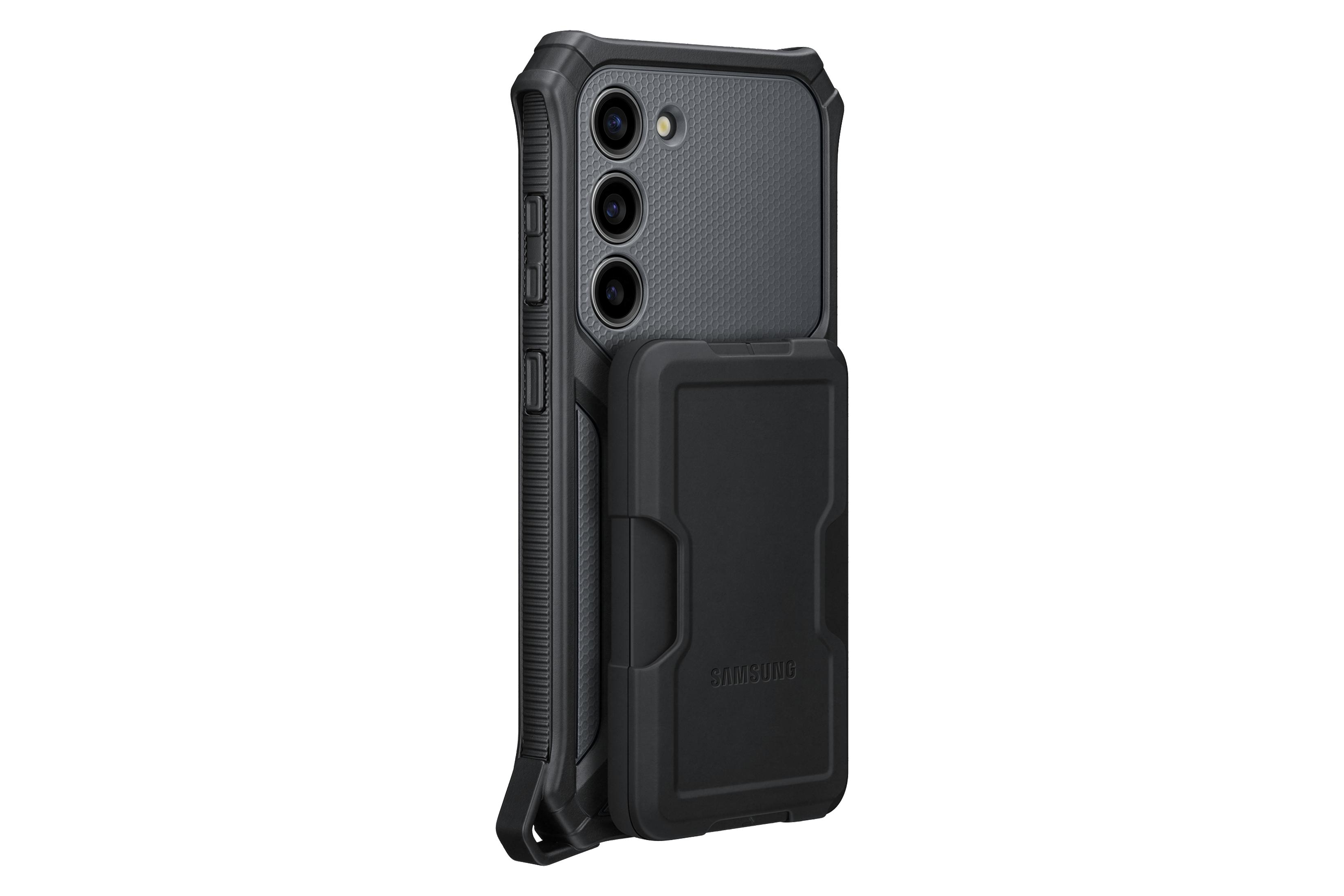Schwarzes Samsung-Telefon mit Kartenhalter. Drei Kameras auf der Rückseite.