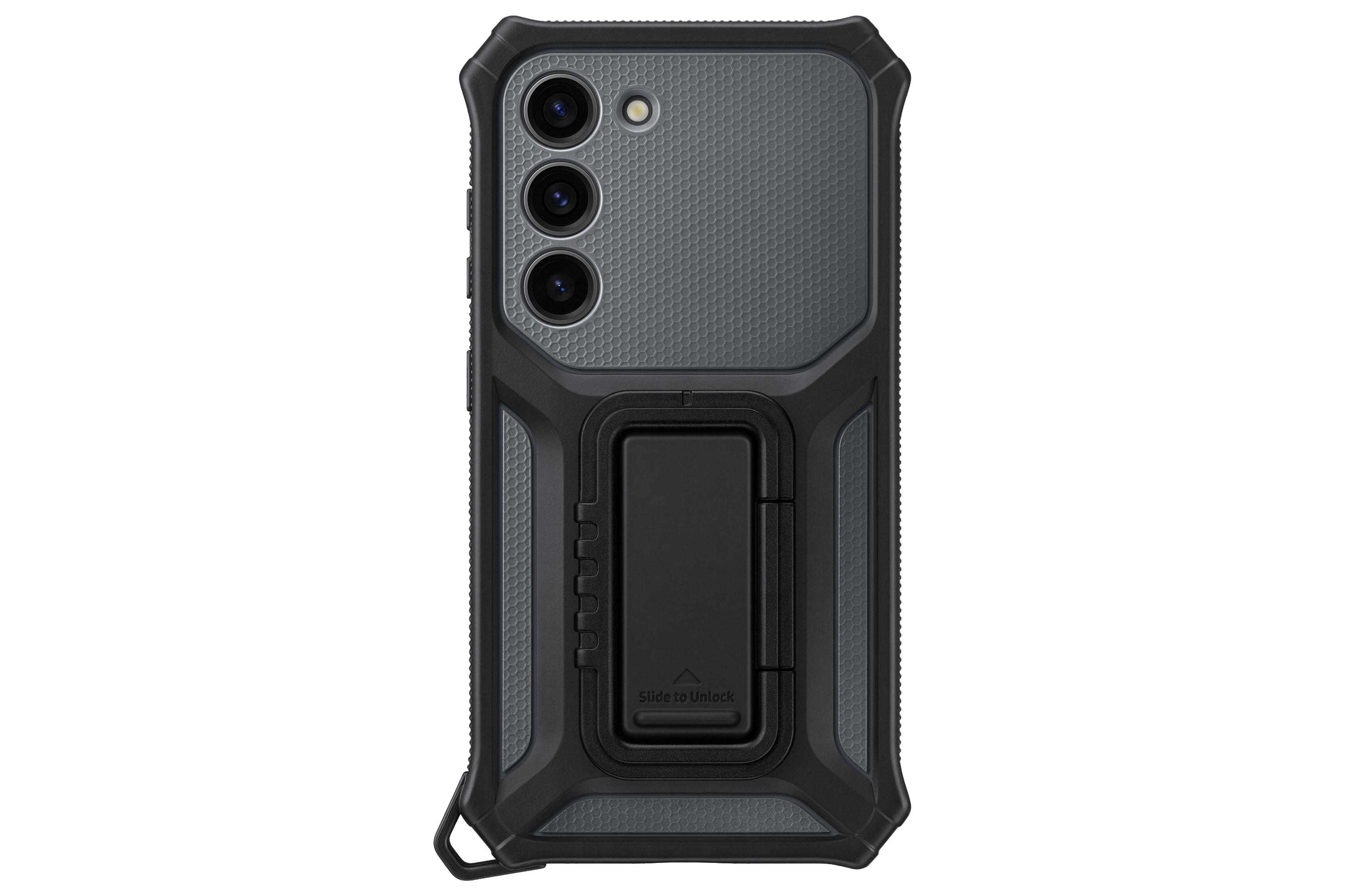 Eine schwarze Handyhülle mit Ständer und Kamera, mit strukturiertem Design.