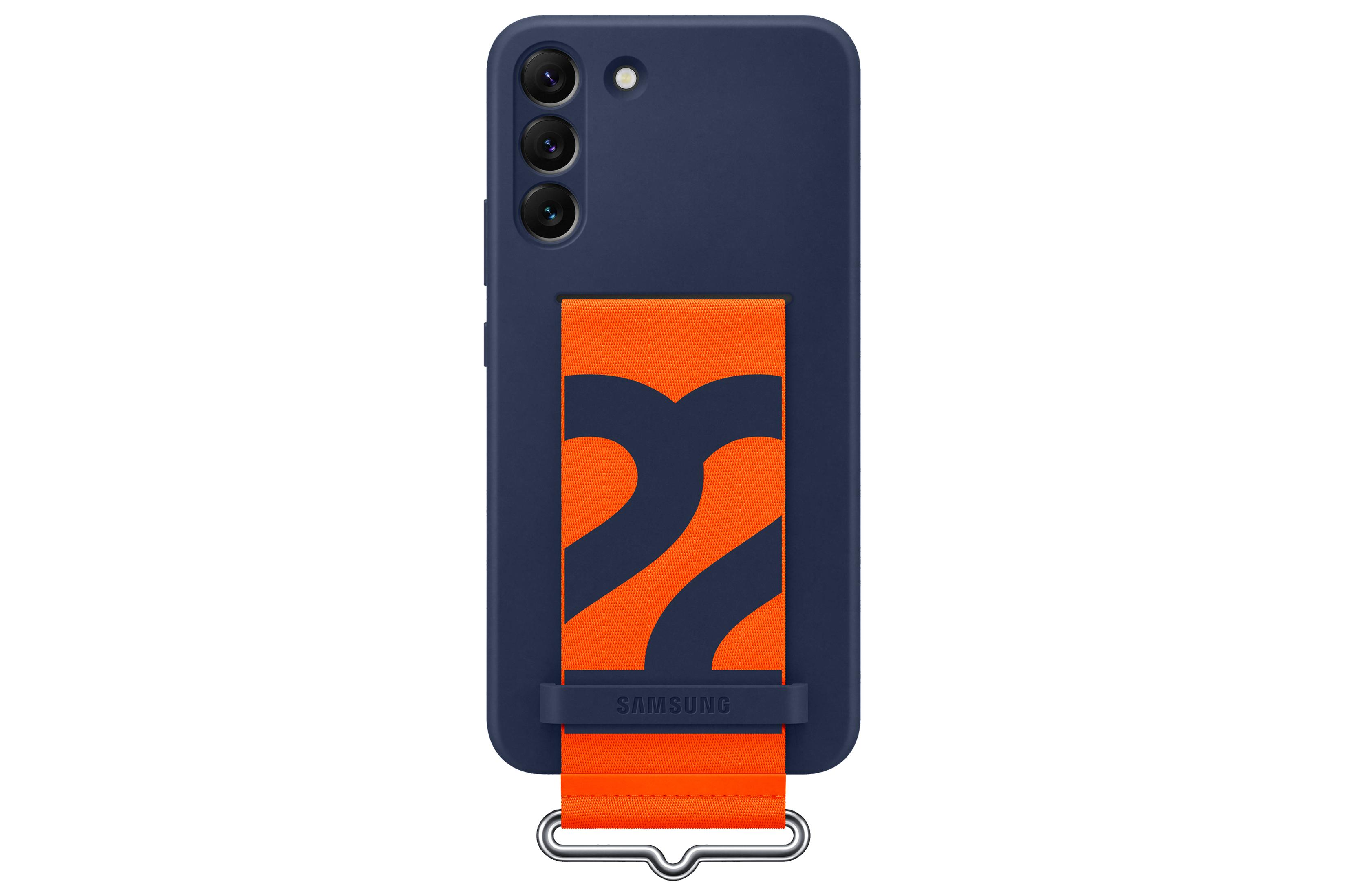Donkerblauwe telefoonhoes met een oranje band. De band heeft een '22'-ontwerp.