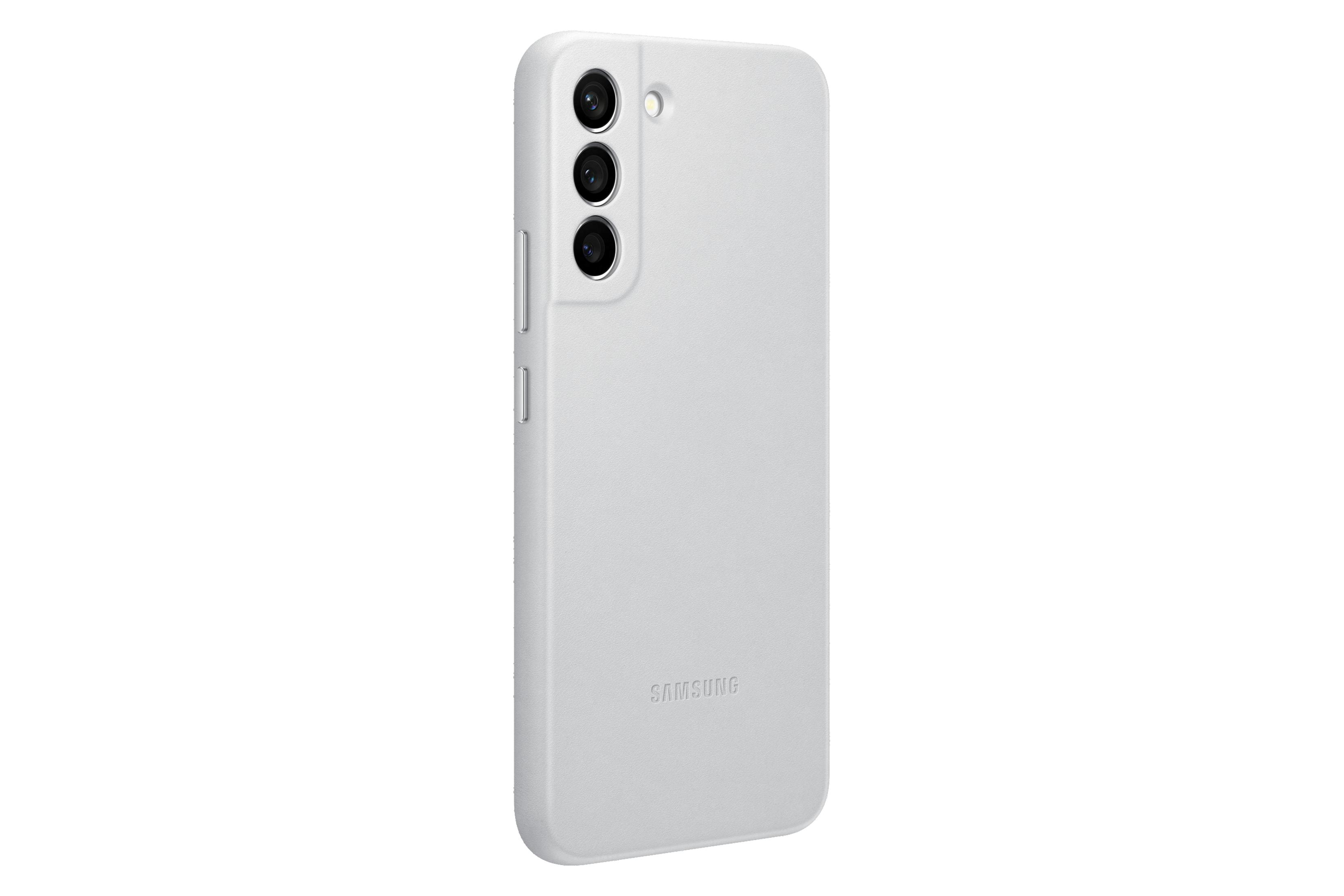 Funda de teléfono gris claro, con tres lentes de cámara y la palabra SAMSUNG.