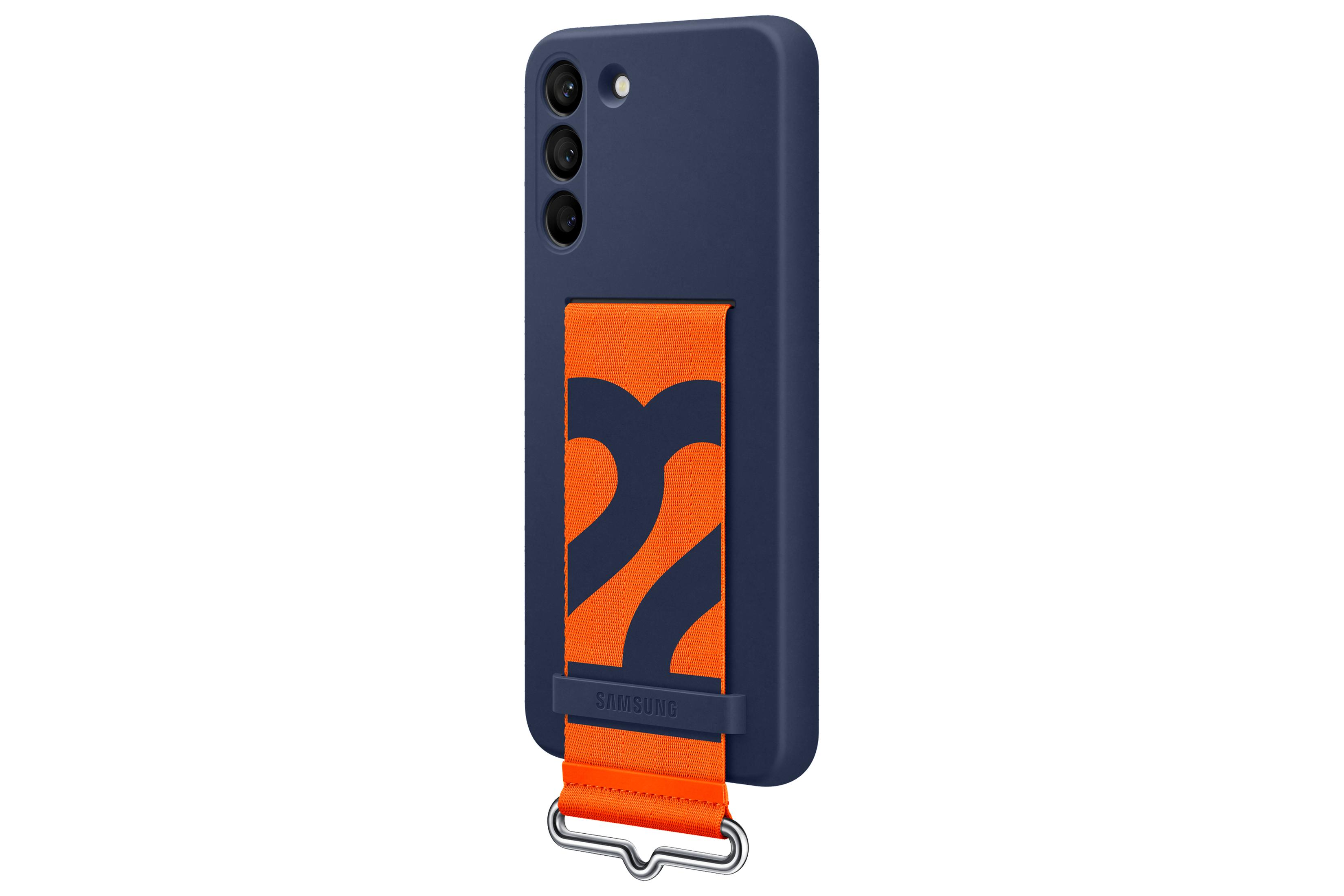 Marineblauwe telefoonhoes met een oranje band. Het Samsung-logo is zichtbaar.