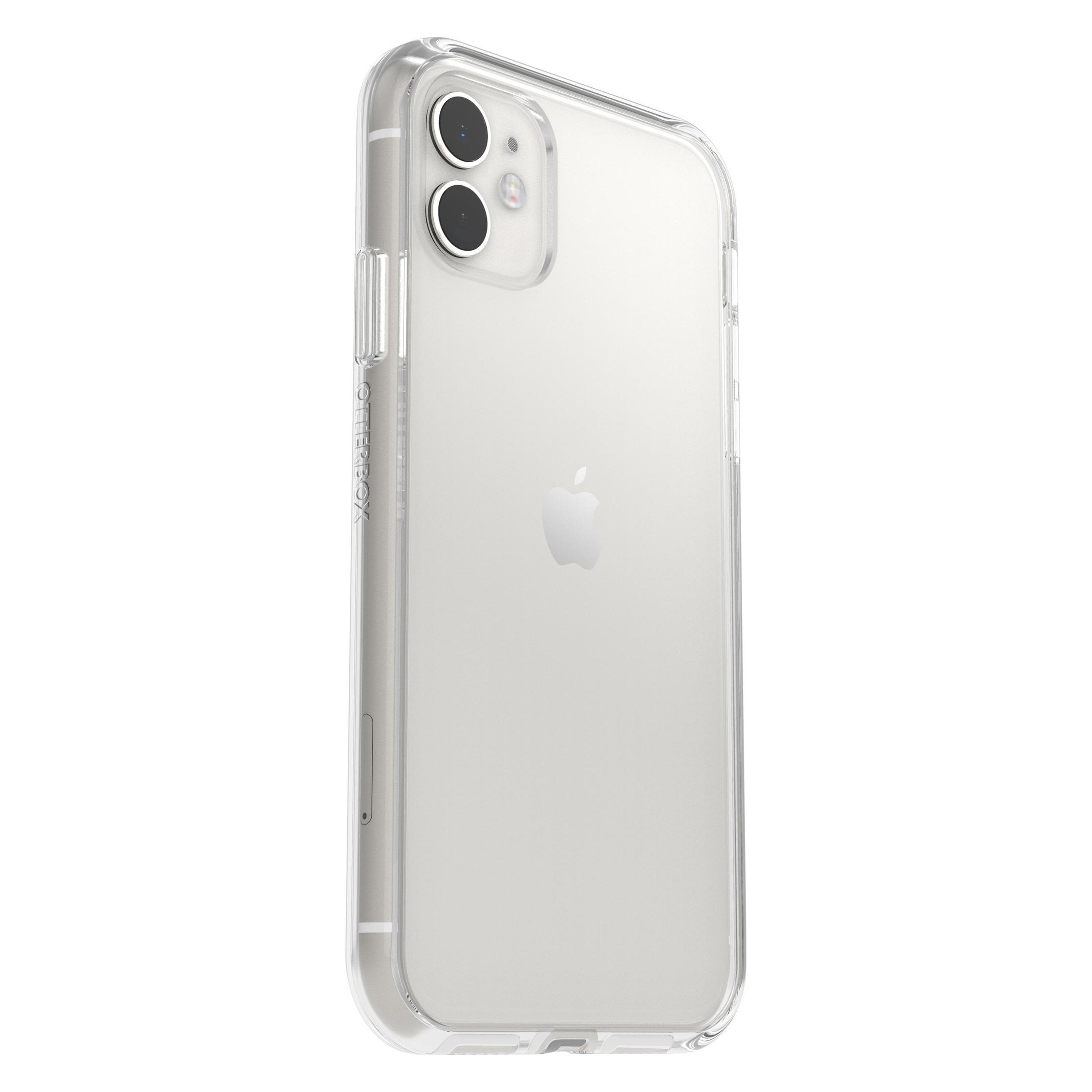 Een iPhone in een doorzichtige Otterbox-hoes, met de achterkant en cameralenzen zichtbaar.