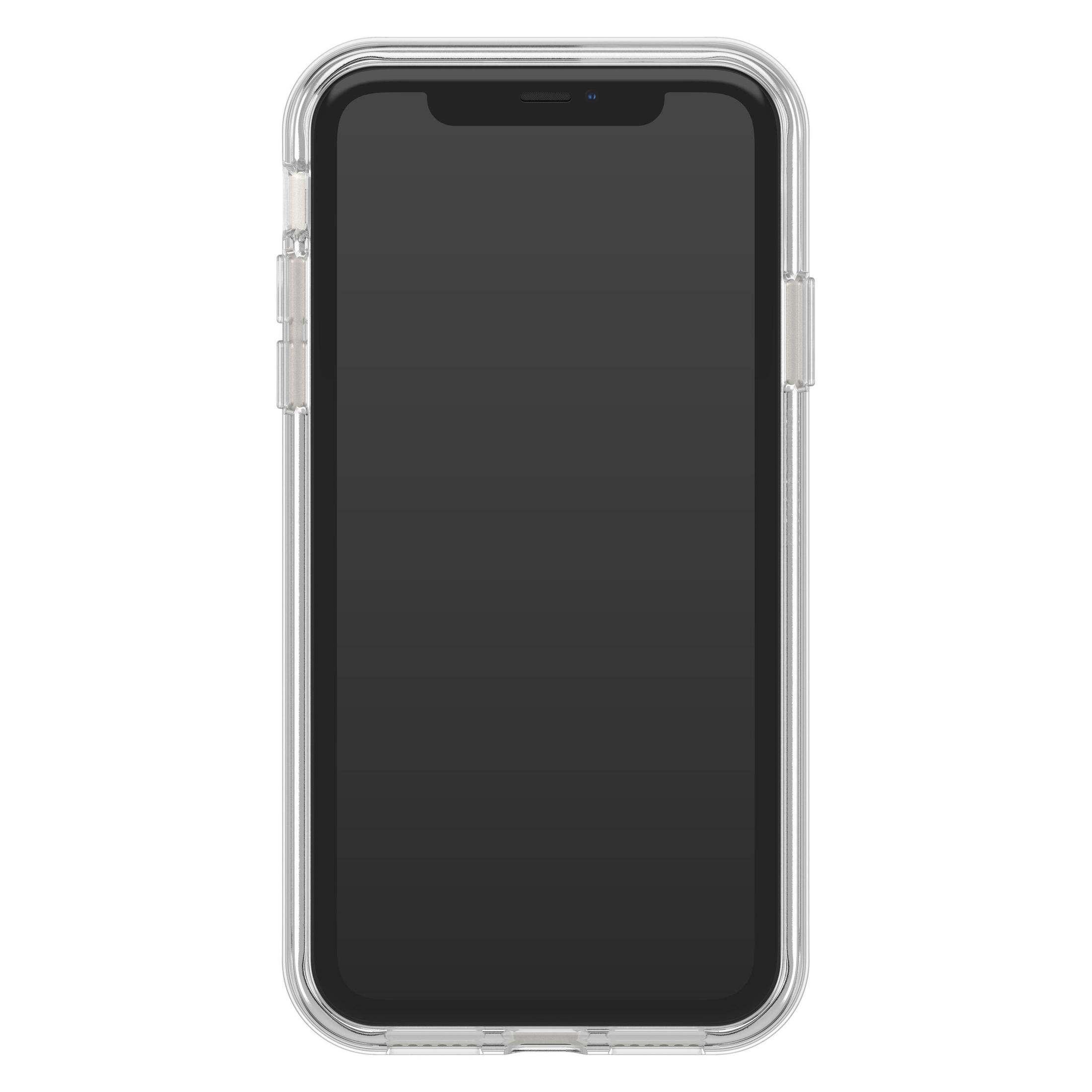 Een doorzichtige telefoonhoes op een telefoon. De telefoon is zwart, met een zwart scherm.