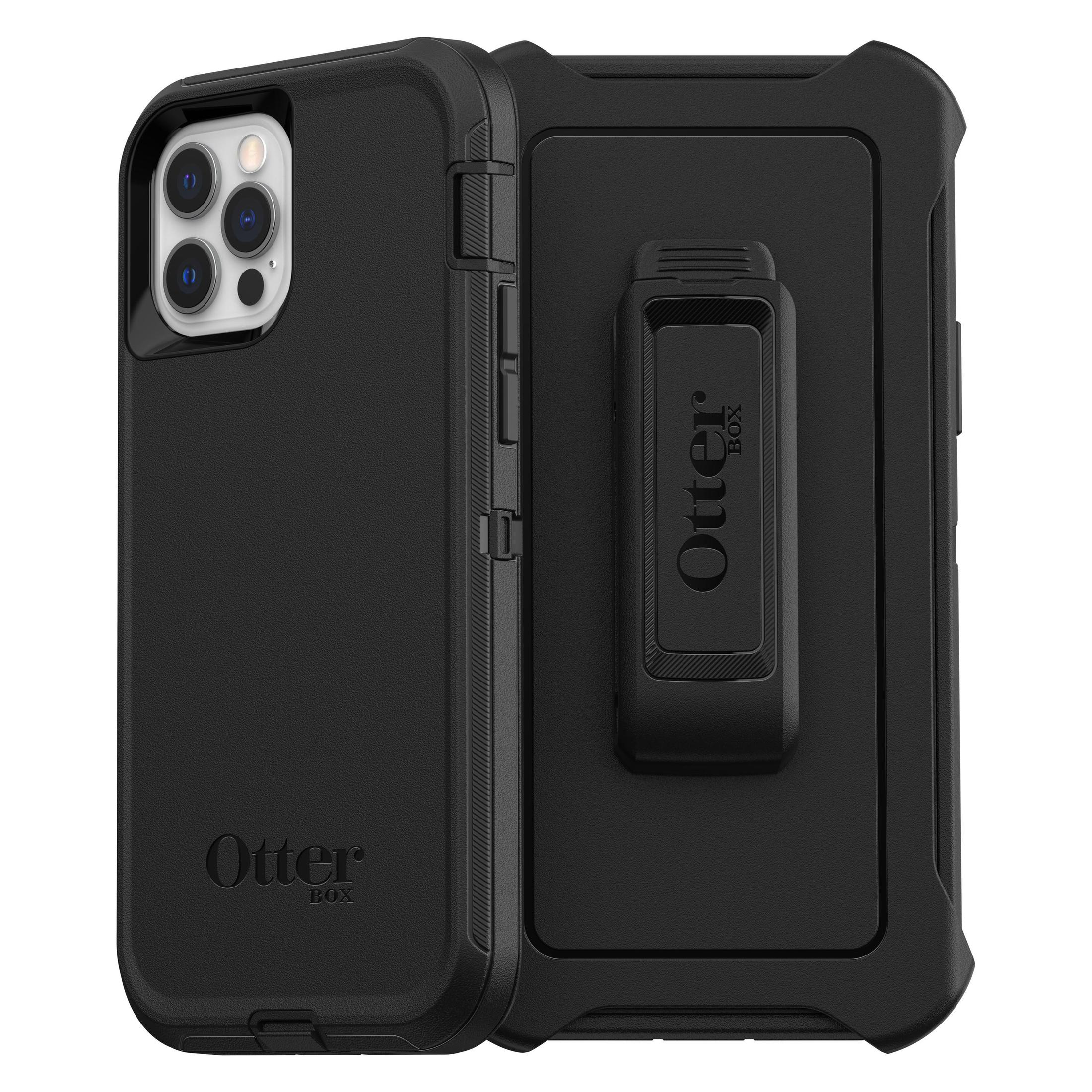 Schwarze OtterBox-Handyhülle mit Clip, hält ein Telefon.
