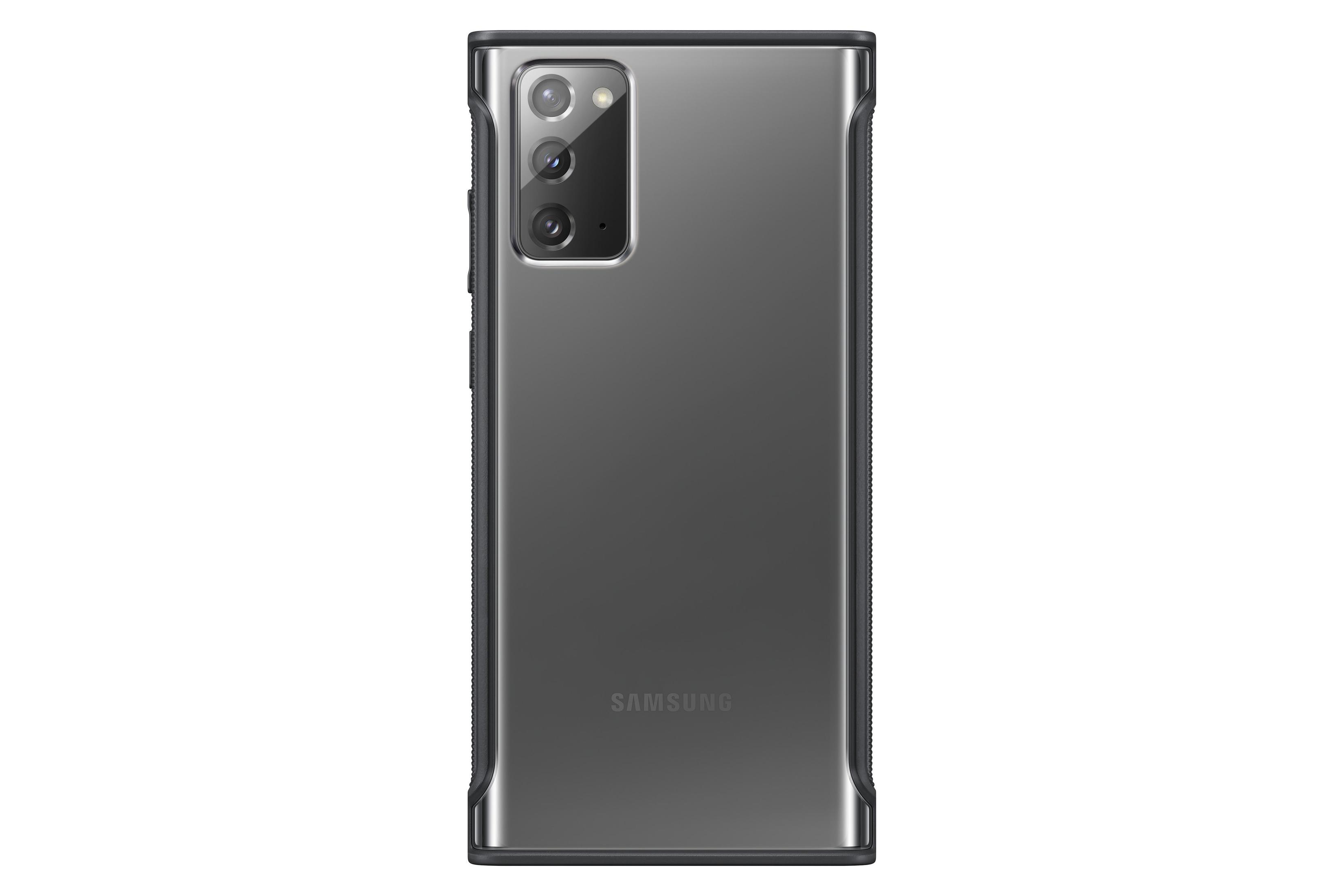 Rückseite einer transparenten Handyhülle auf einem Telefon. Das Telefon hat eine Kamera und das Samsung-Logo.