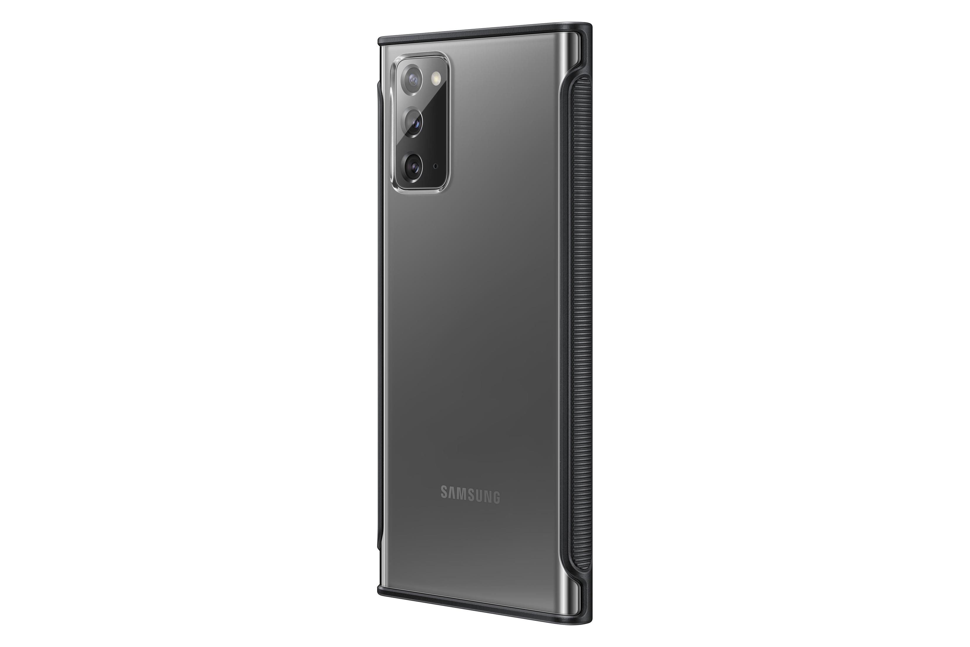 Schwarze Handyhülle auf weißem Hintergrund. Die Rückseite ist sichtbar. Samsung-Branding.