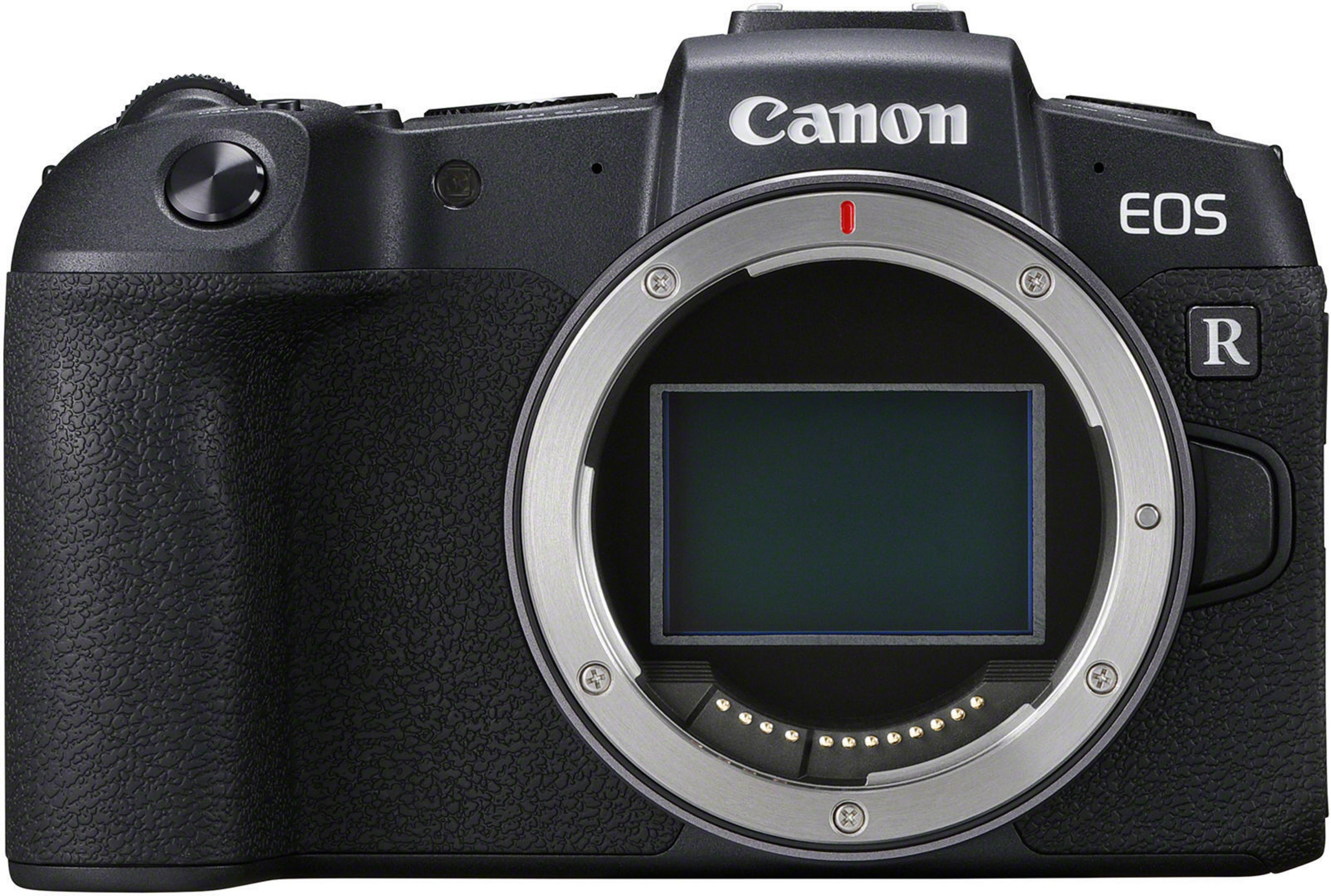 Schwarze Canon EOS R Kamera mit offenem Objektiv und Canon Logo.