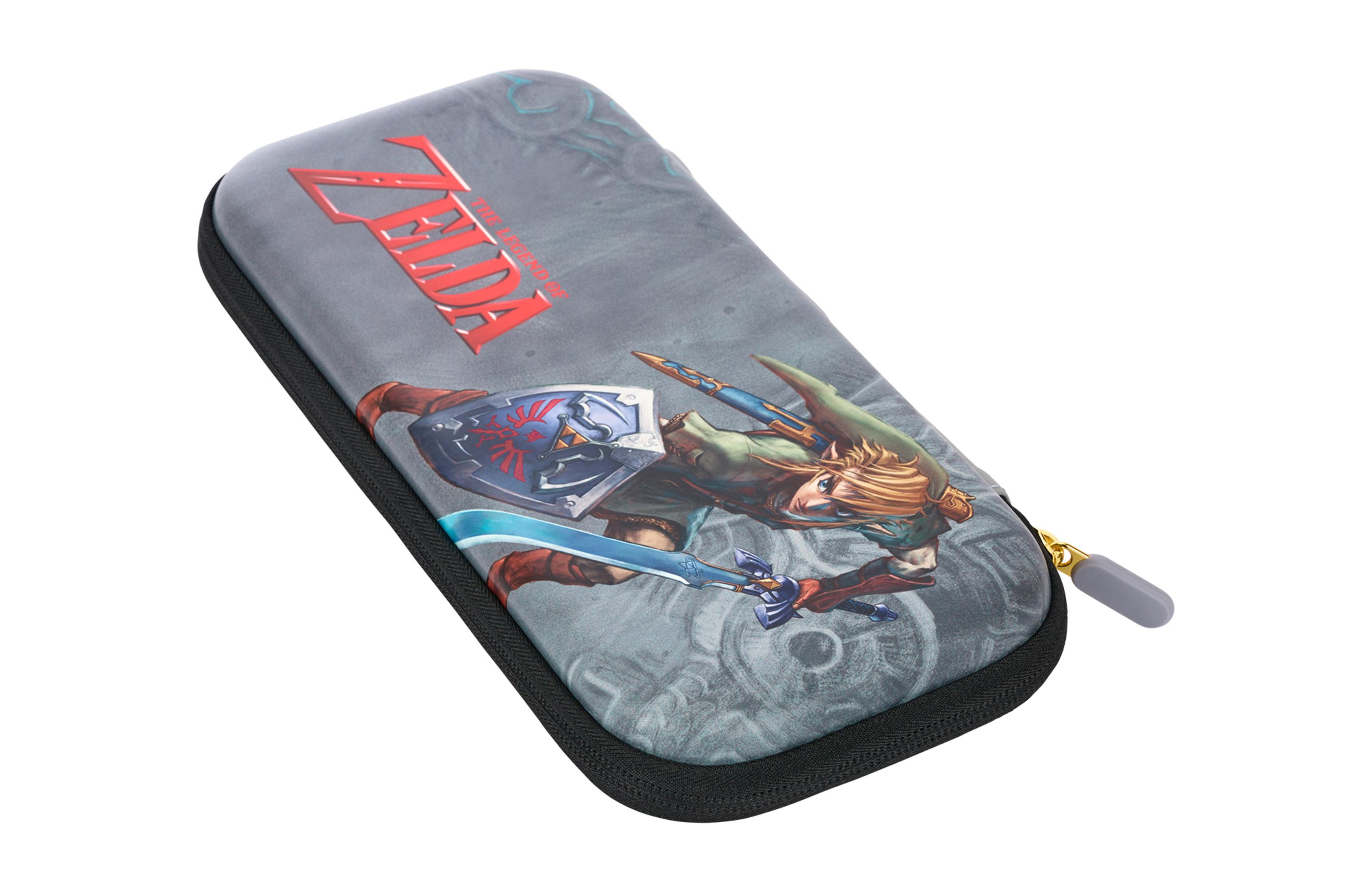 Funda gris del juego Zelda con Link y el logo del juego.