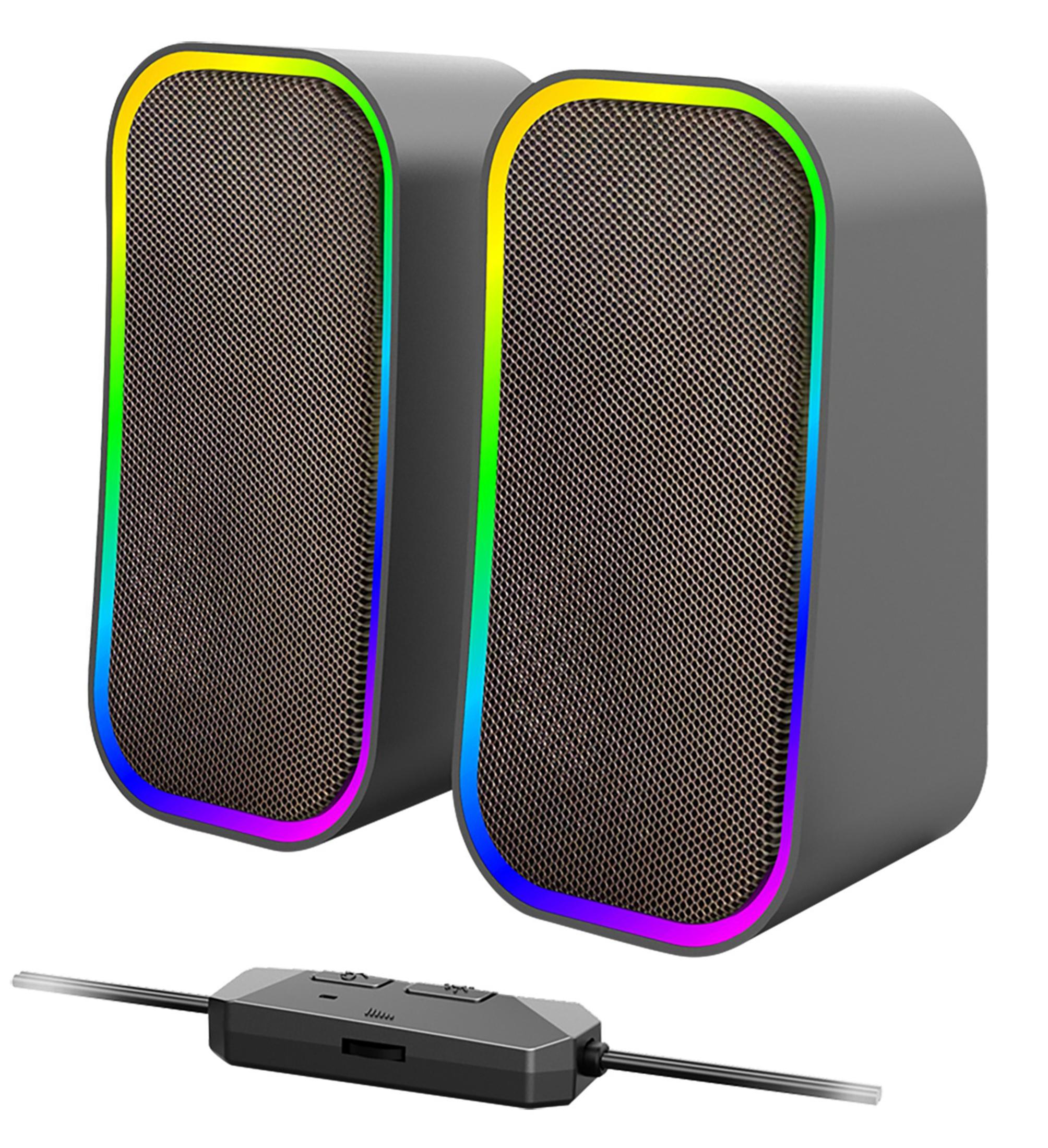 Due altoparlanti grigi con luci RGB sui bordi e un modulo di controllo con un cavo.
