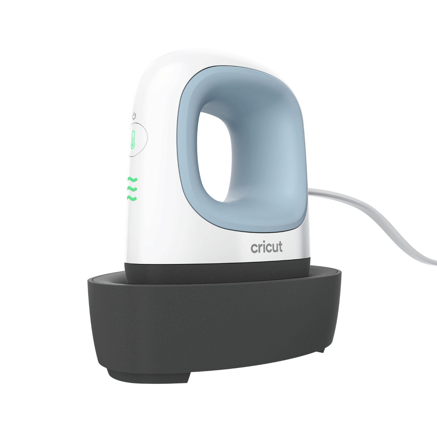 Cricut EasyPress Mini blanco y azul sobre una base negra. Cable de alimentación conectado.