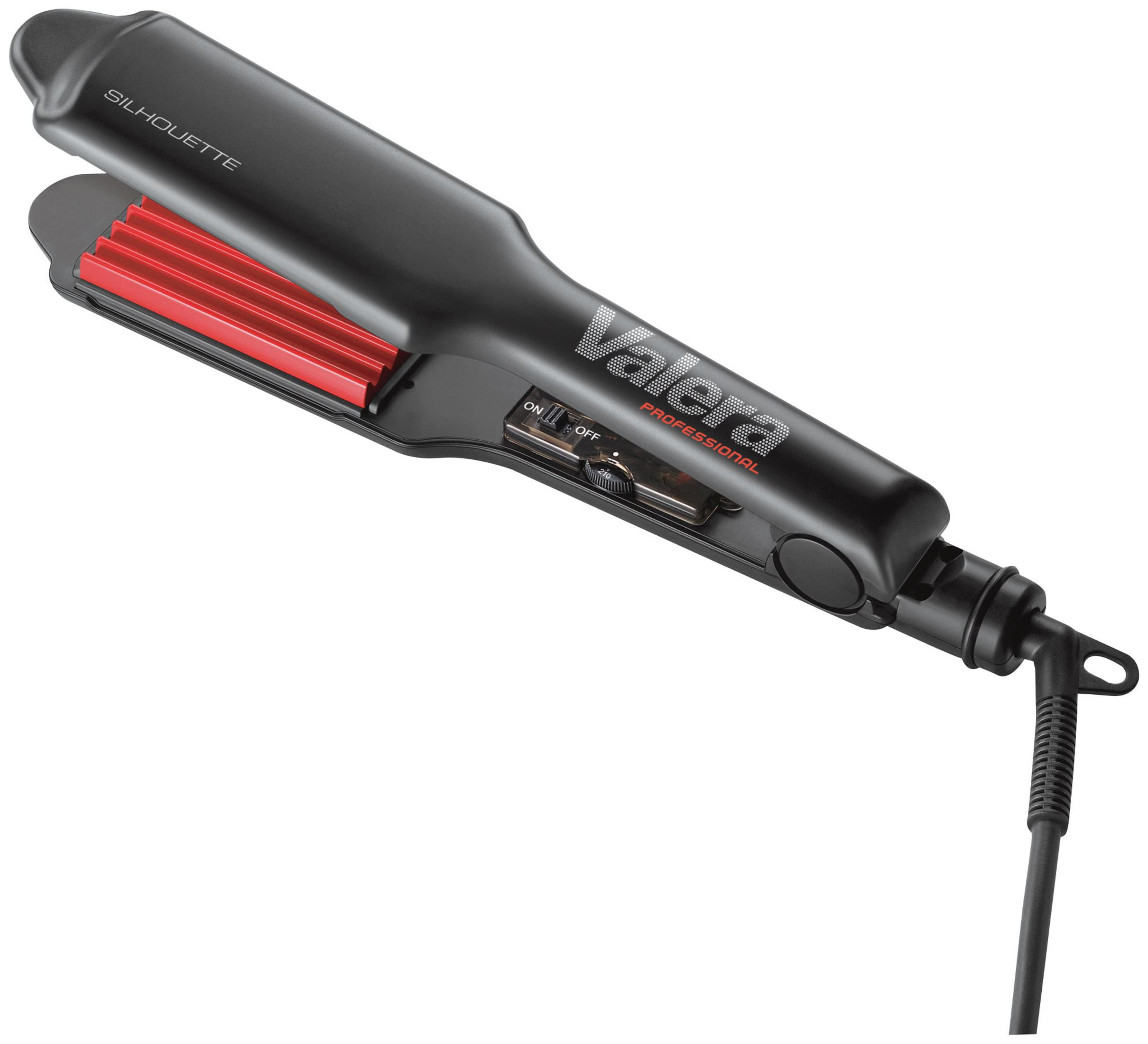 Schwarzer Haar-Crimper mit roten Crimpplatten, einem schwarzen Kabel und dem Markennamen 'Valera'.