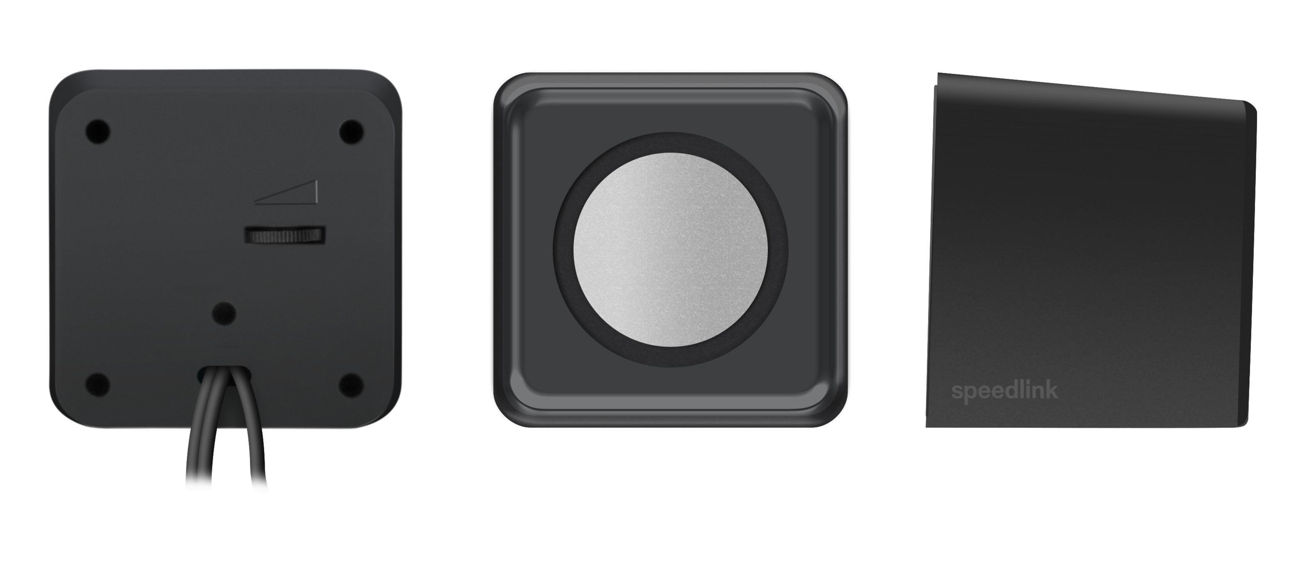 Tre viste di un altoparlante nero. Viste anteriore, posteriore e laterale con il logo 'speedlink'.