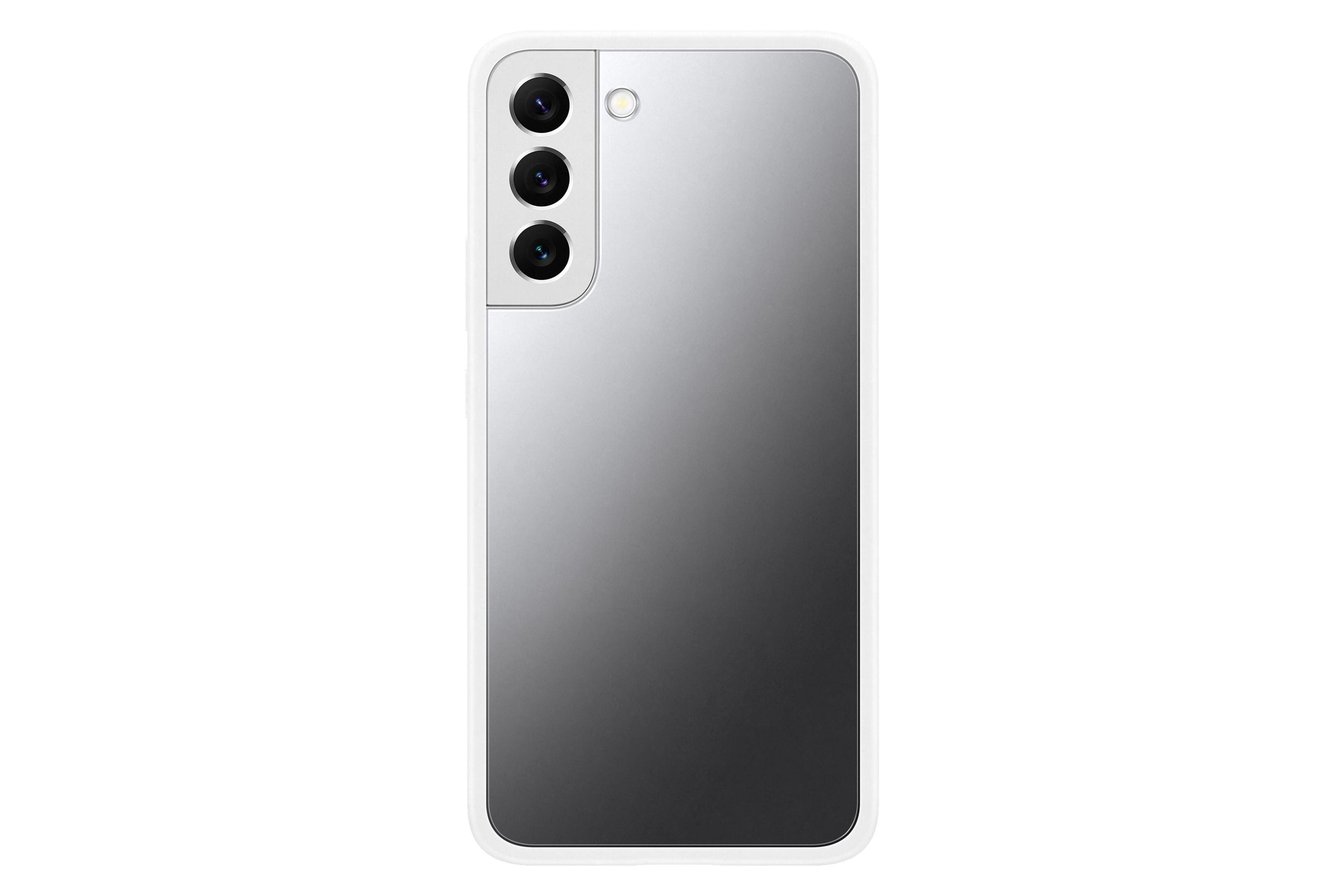 Witte smartphone met een gespiegelde, grijze achterkant en drie cameralenzen op een witte achtergrond.