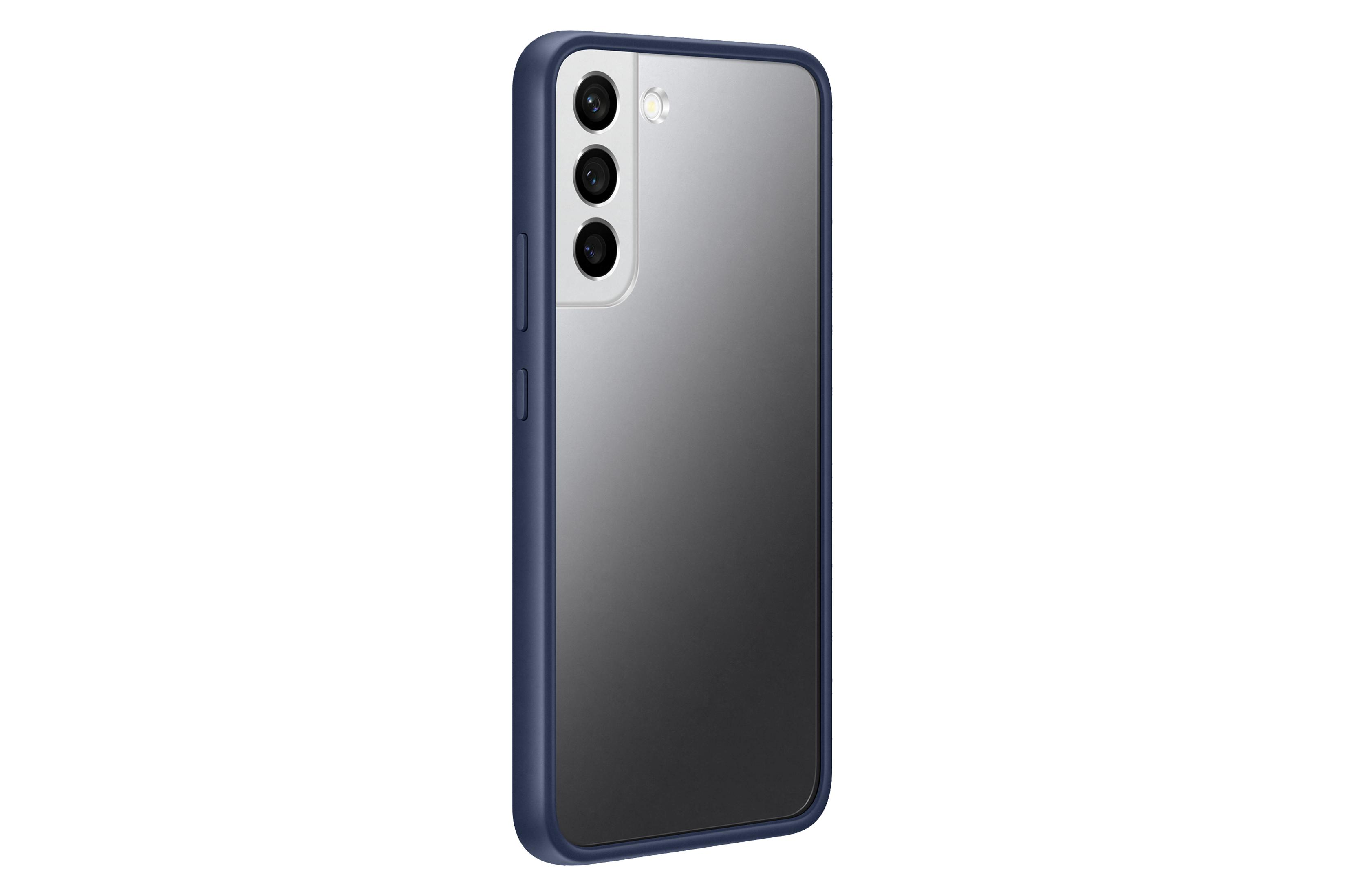 Een blauw omrand telefoontoestel met drie camera's en een spiegelende achterkant.