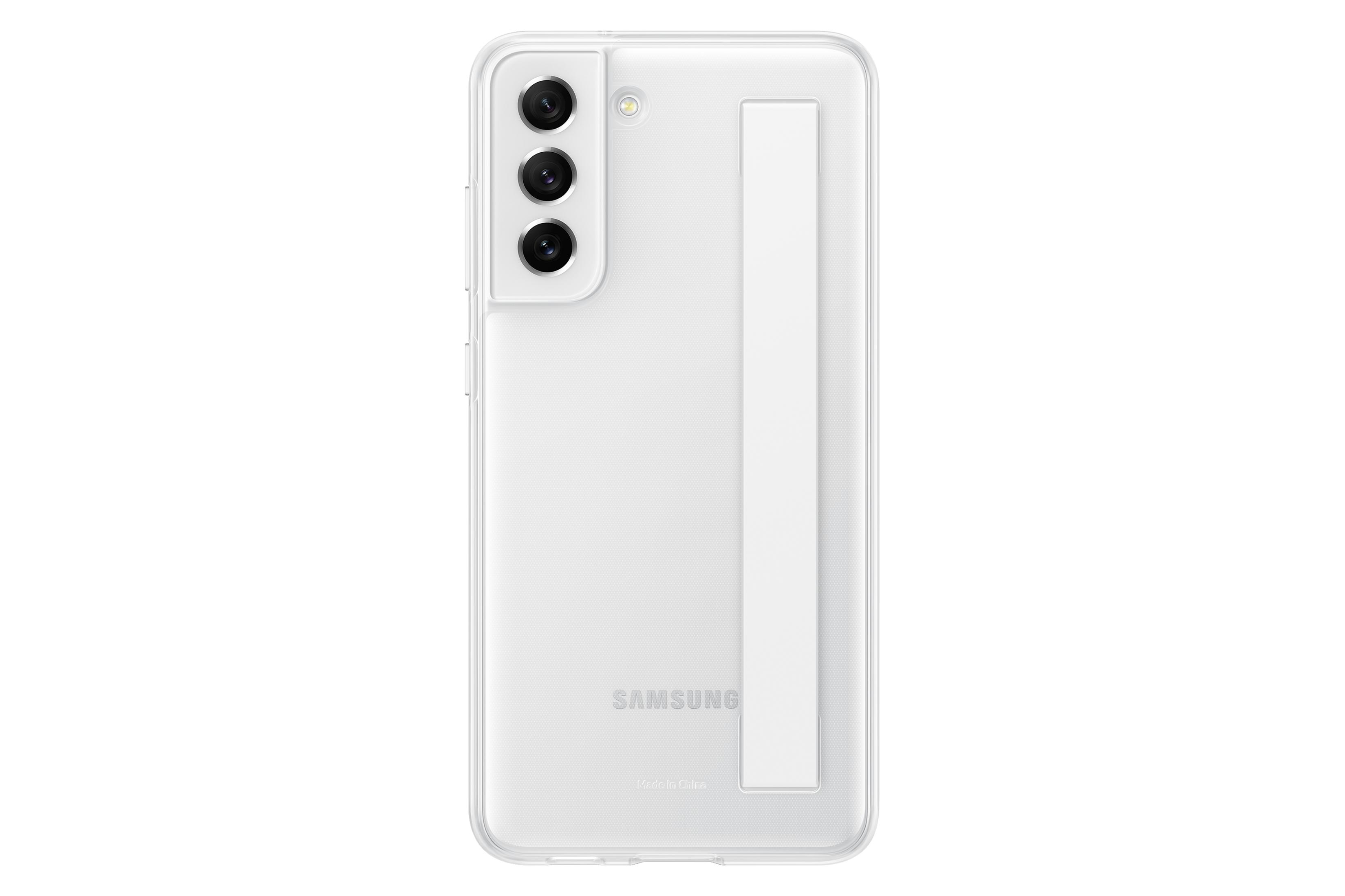 Telefono Samsung bianco con tripla fotocamera e supporto sul retro.
