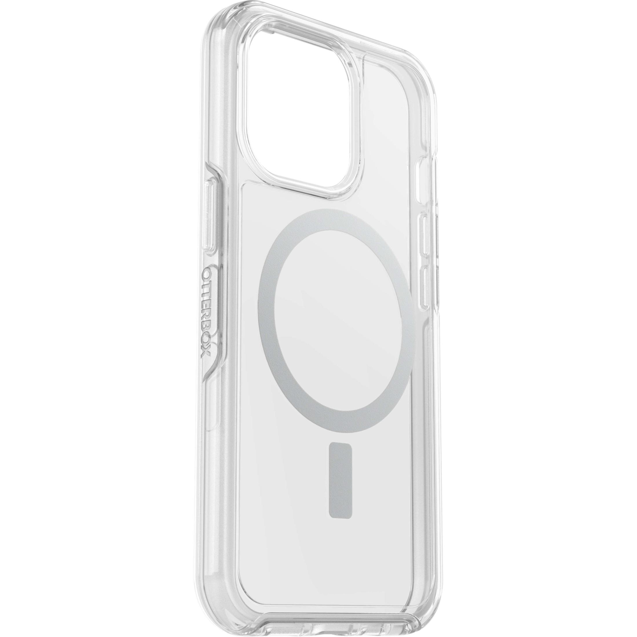 Een doorzichtige telefoonhoes met een magnetische cirkel en een balk. Witte achtergrond.