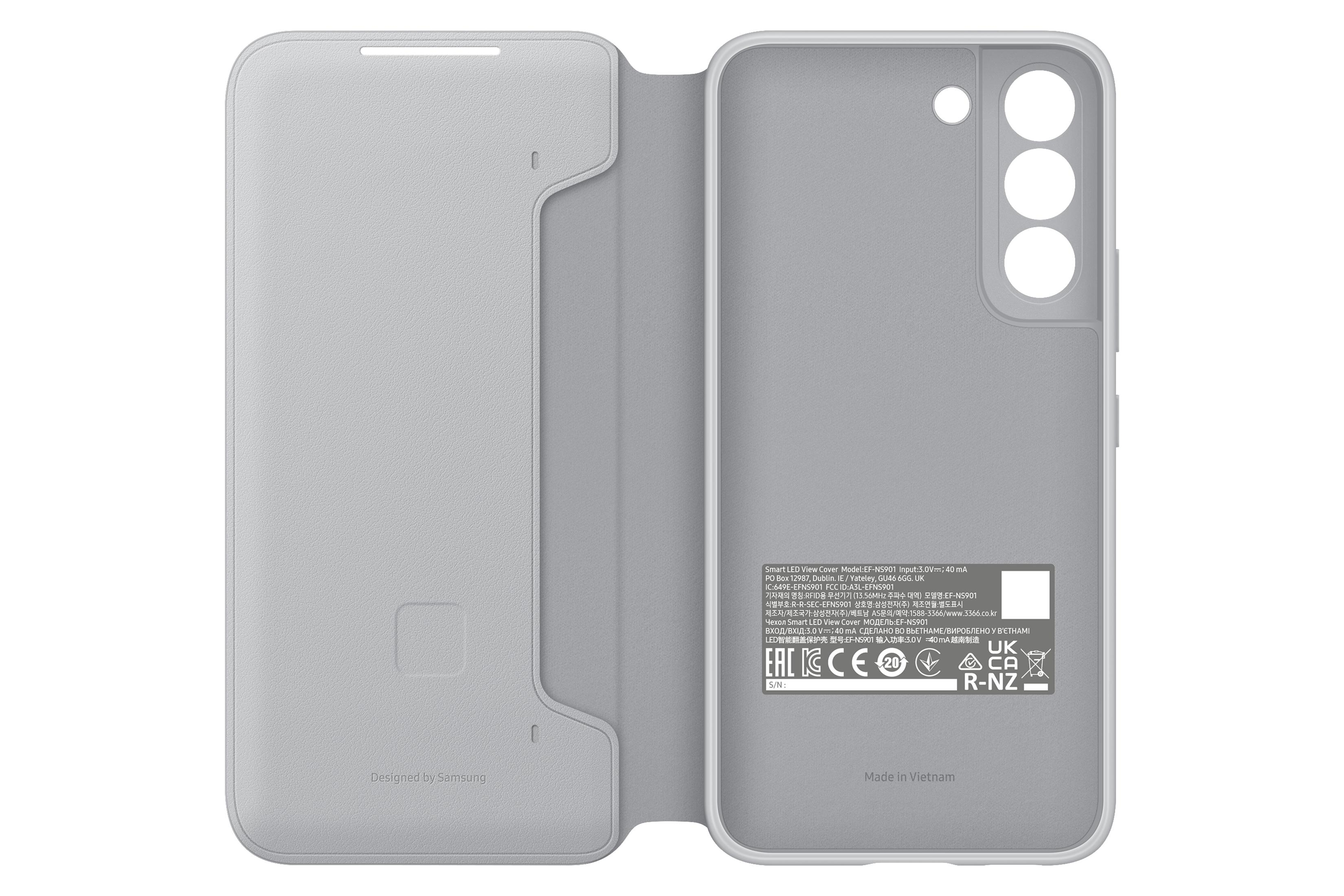 Una funda gris para teléfono Samsung, abierta, mostrando el interior y etiquetas, fondo blanco.