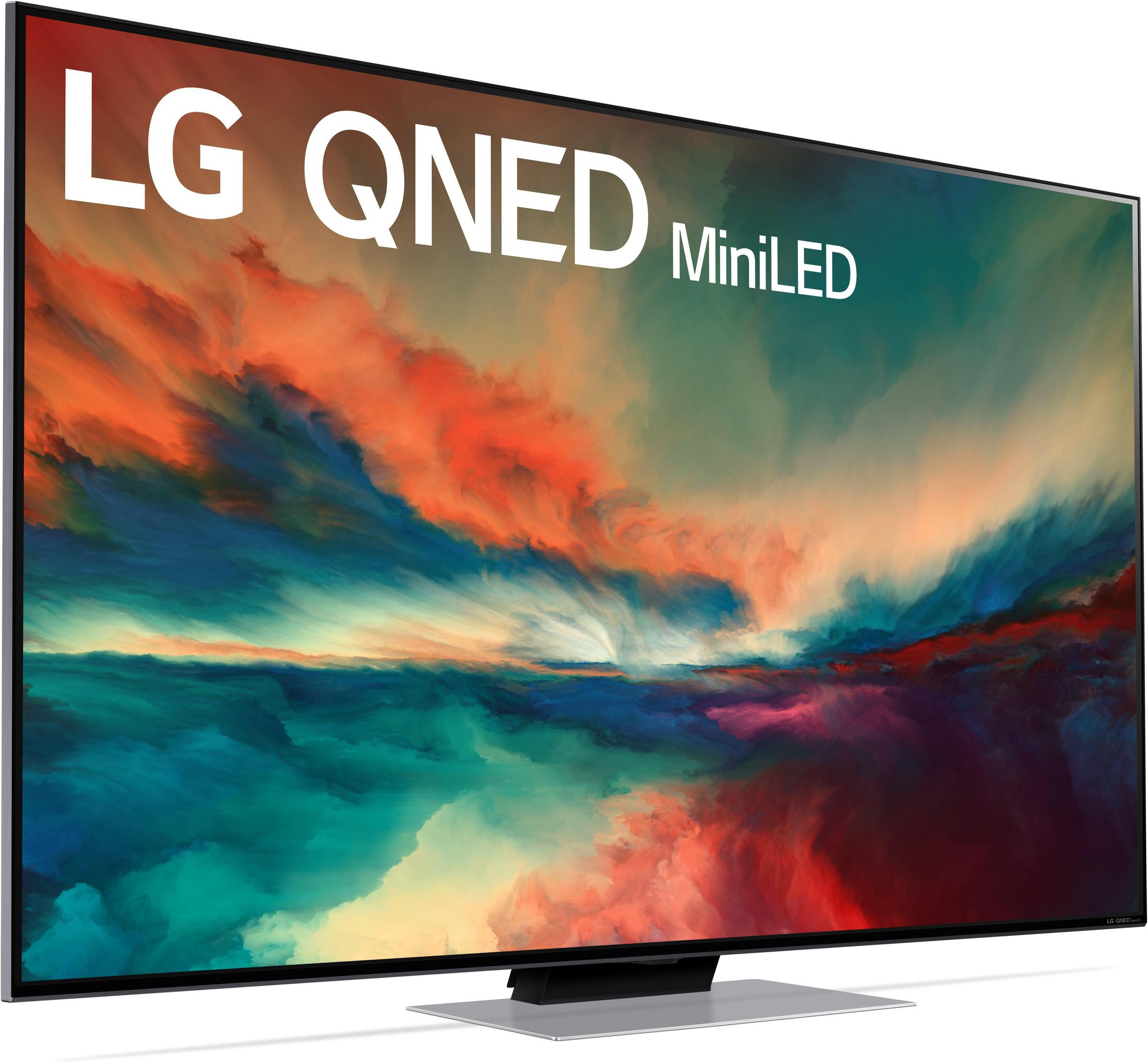 Telewizor LG QNED MiniLED. Ekran wyświetla kolorowy abstrakcyjny krajobraz. Białe tło.