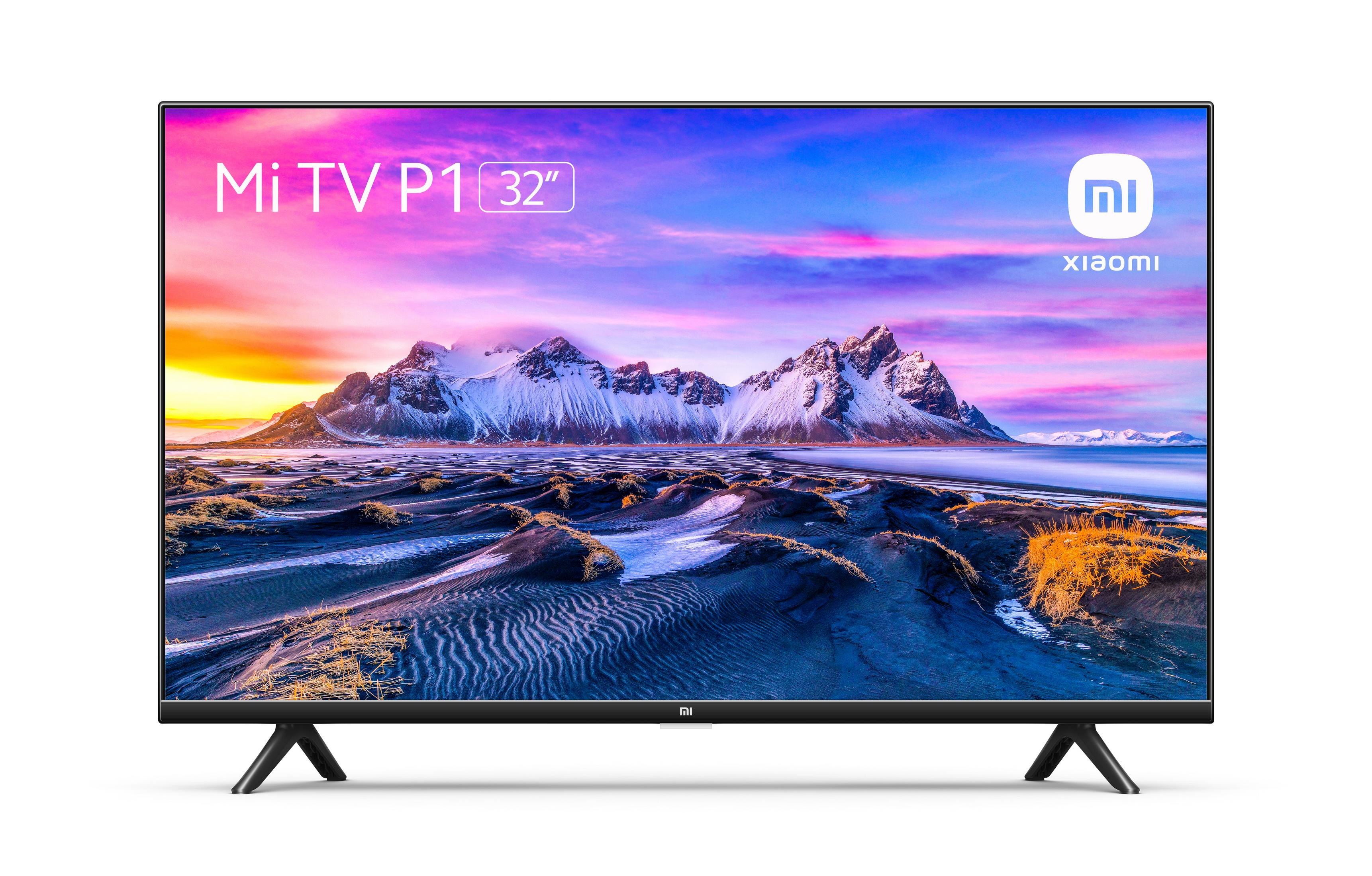 Een Xiaomi Mi TV P1 32" televisie. Het scherm toont een berg- en merenlandschap.