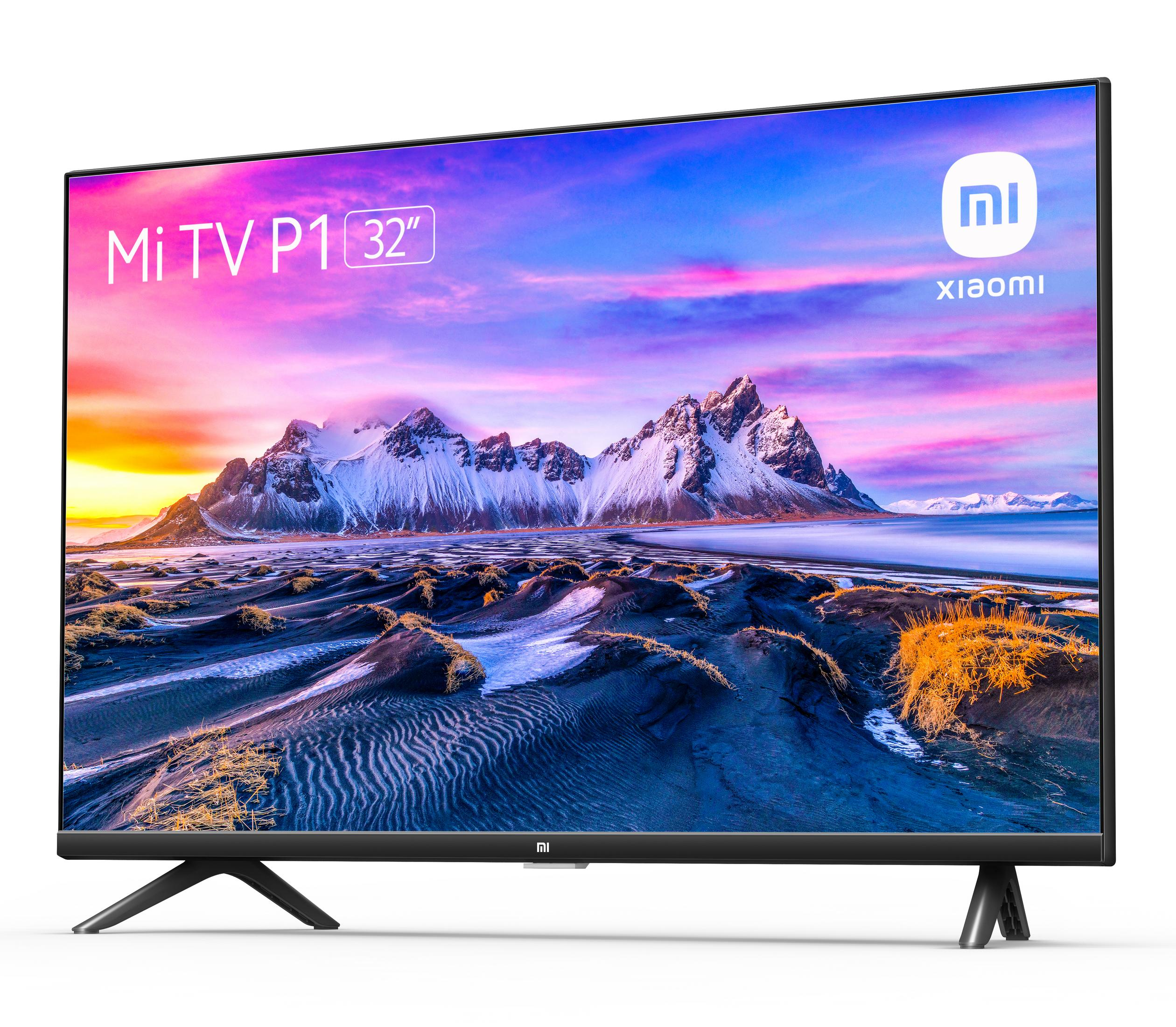 Een flatscreen tv met een kleurrijk landschap. De tv heeft poten.