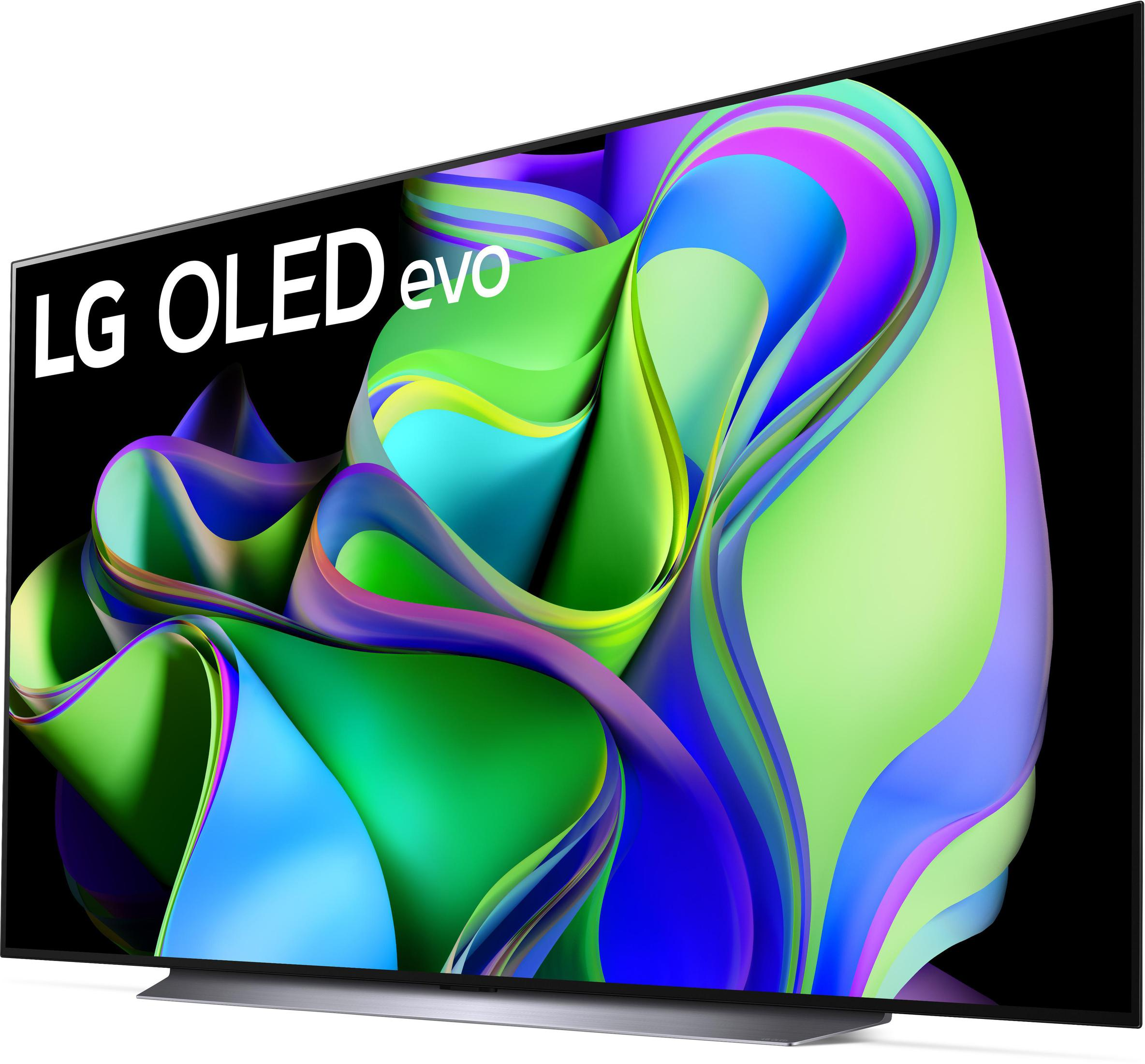 Telewizor LG OLED evo. Widok z boku pokazujący ekran wyświetlający abstrakcyjną, kolorową grafikę na czarnym tle.