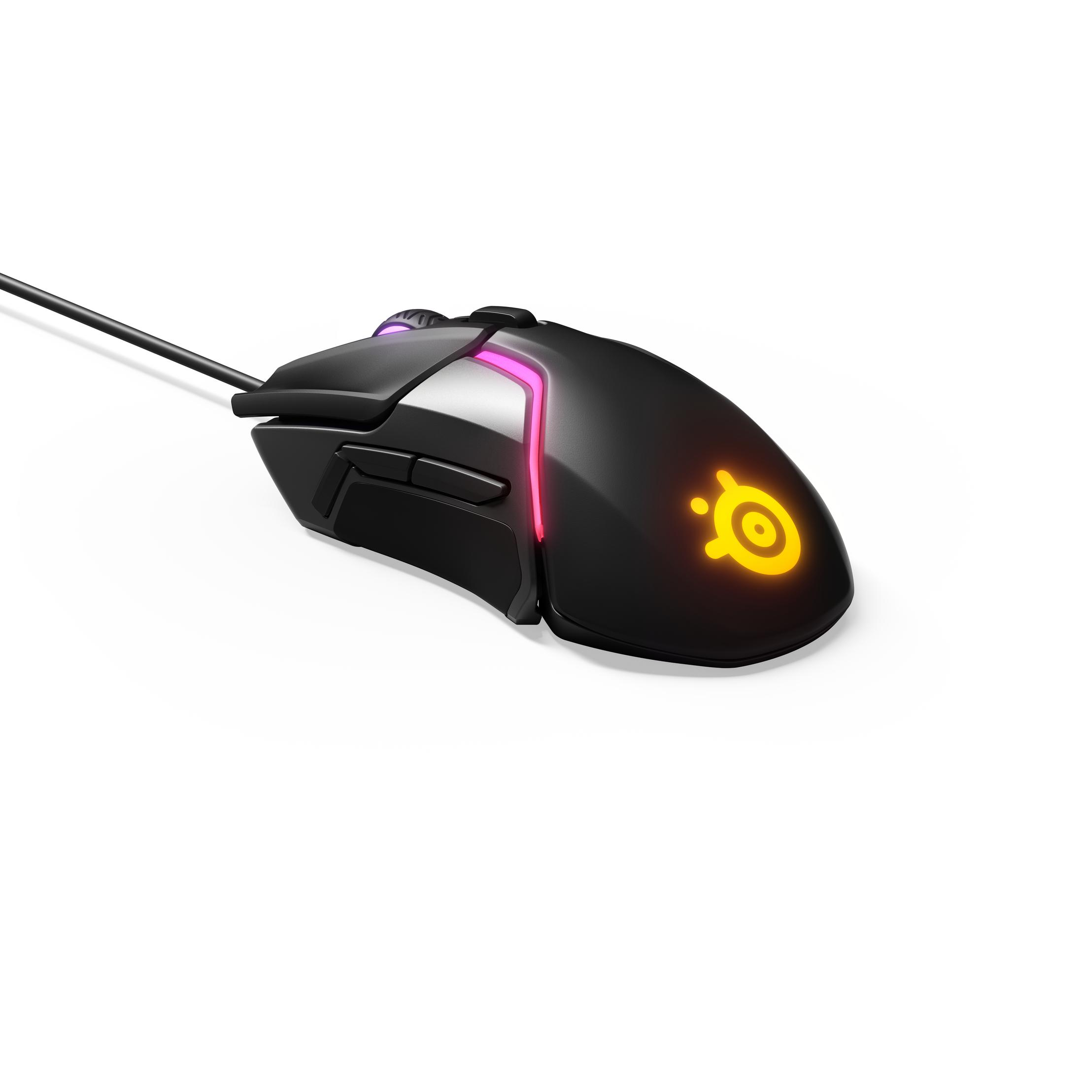 Schwarze Gaming-Maus mit leuchtendem orangefarbenen Logo und pinken Akzenten. Weißer Hintergrund.