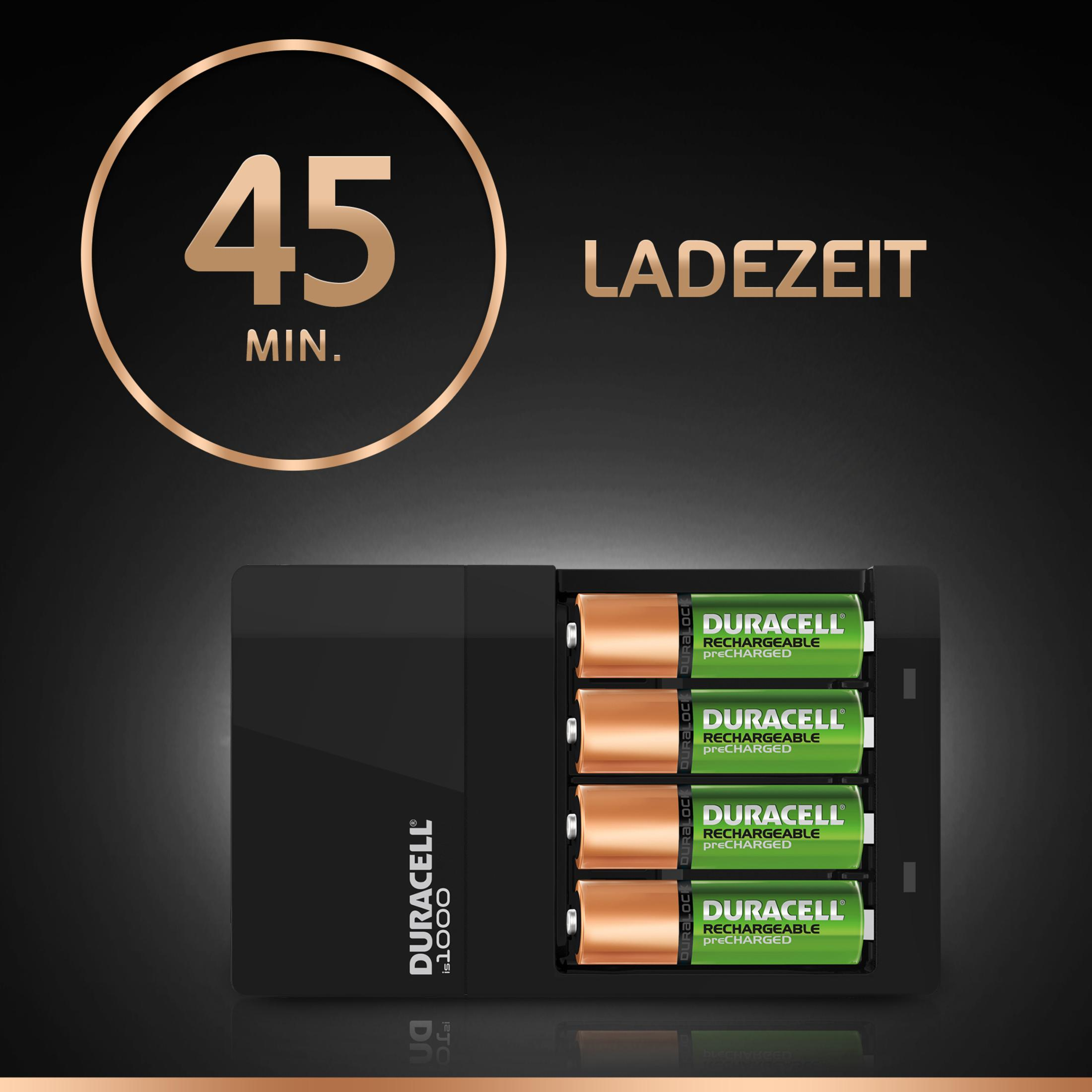 Ein schwarzes Duracell-Batterieladegerät mit vier grünen und goldenen Batterien.