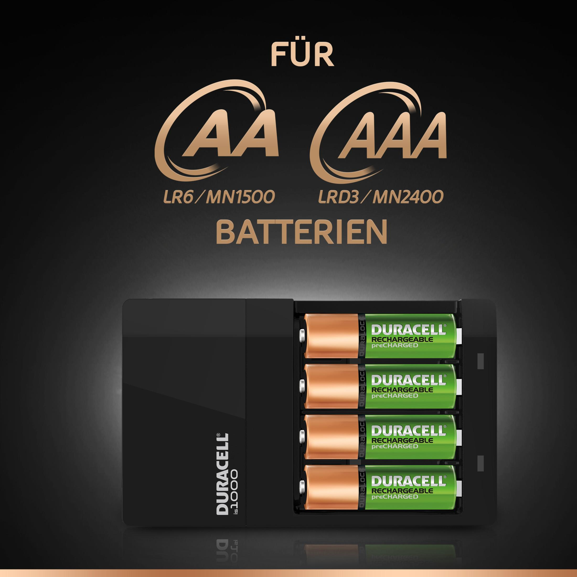 Schwarzes Ladegerät mit AA- und AAA-Batterien. Vier grüne Duracell-Batterien in Ladeschächten.